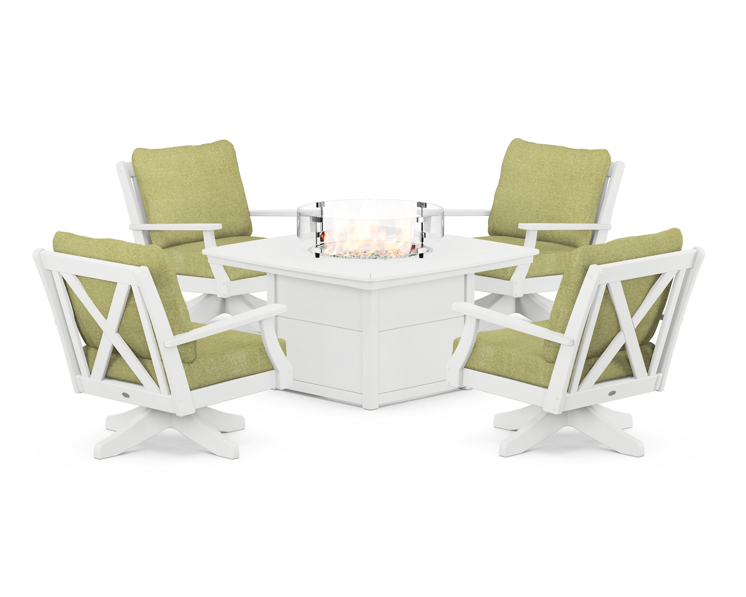 Braxton 5-Piece Deep Seating Swivel Conversation Set with Fire Pit Table in White / Chartreuse Boucle