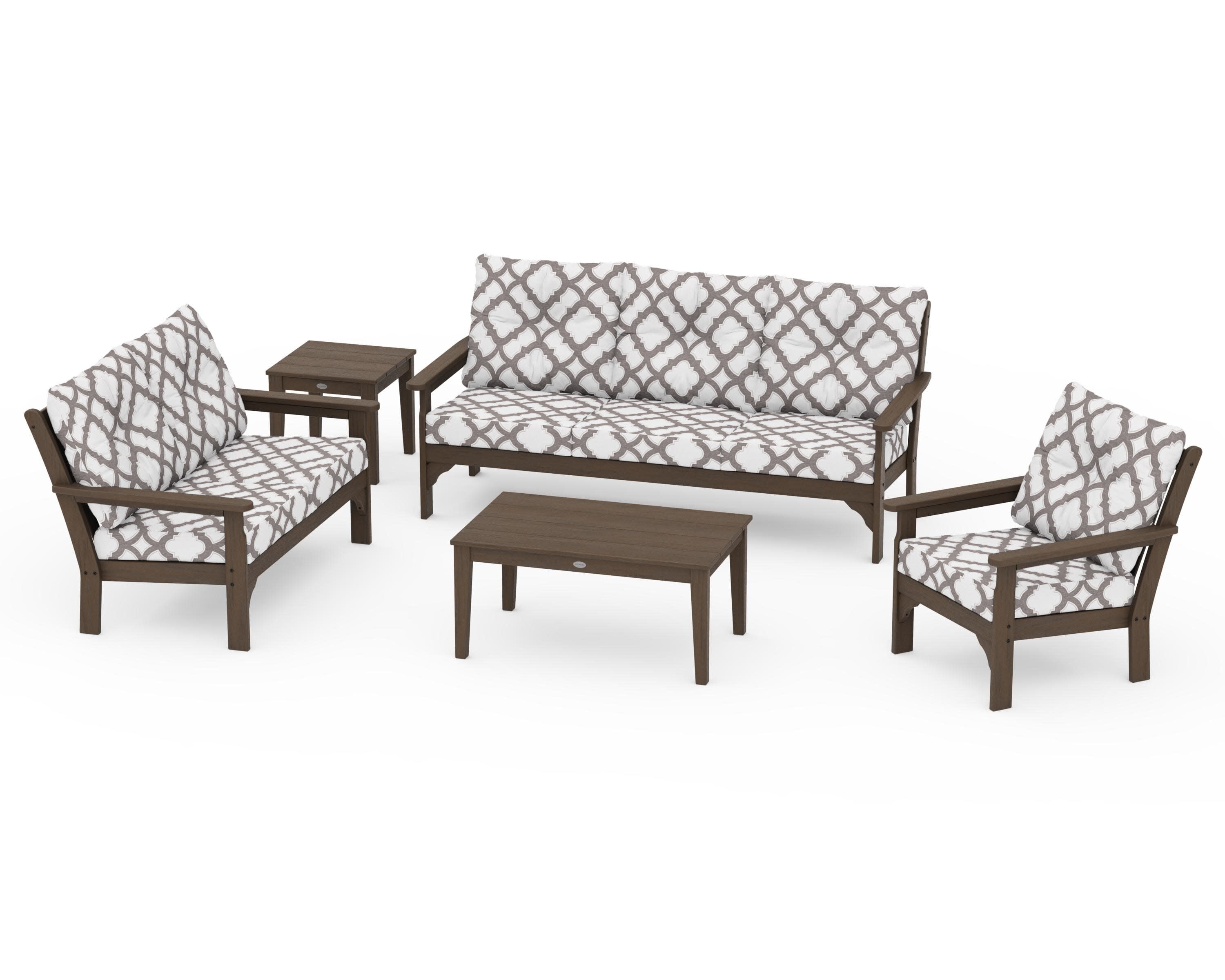 Vineyard 5 Piece Deep Seating Set in Kona / Trellis Grey Mist