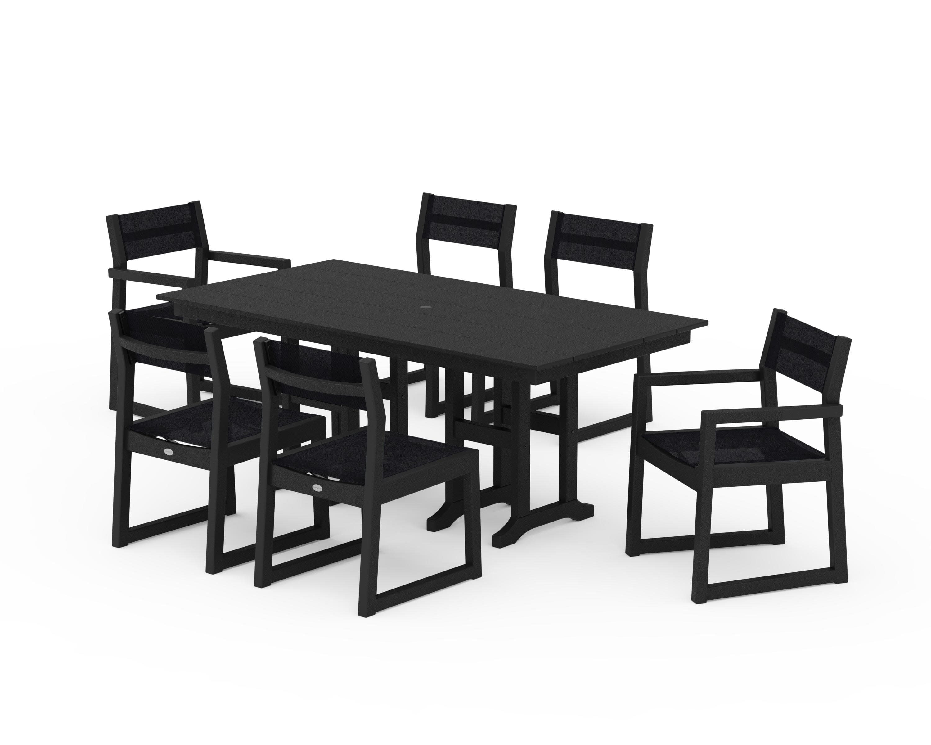 EDGE Sling 7-Piece Farmhouse Dining Set in Black / Black Sling