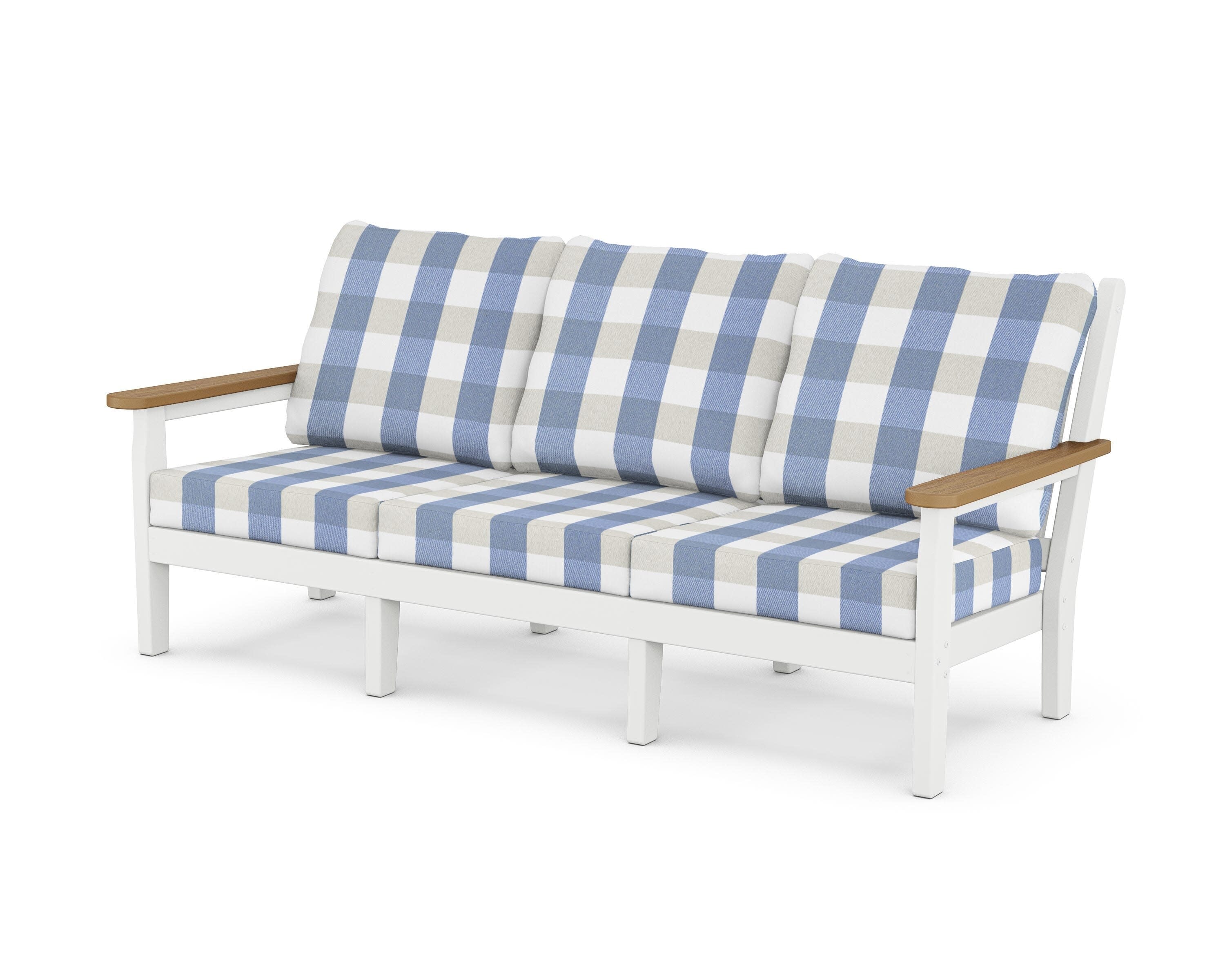 Chippendale Deep Seating Sofa in White / Natural / Buffalo Plaid Sky Blue