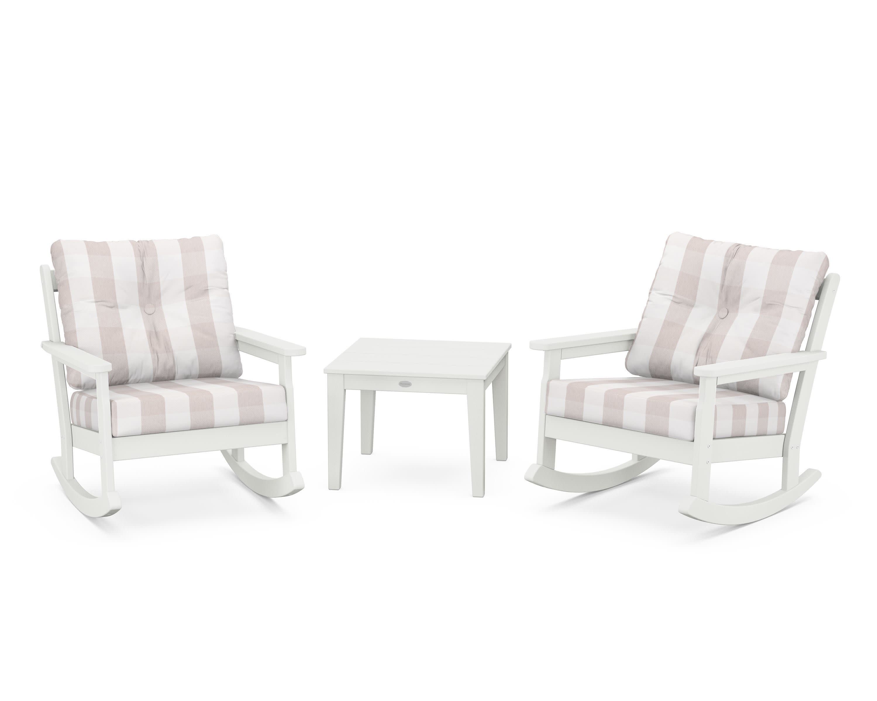 Vineyard 3-Piece Deep Seating Rocker Set in Vintage White / Buffalo Plaid Dune Burlap