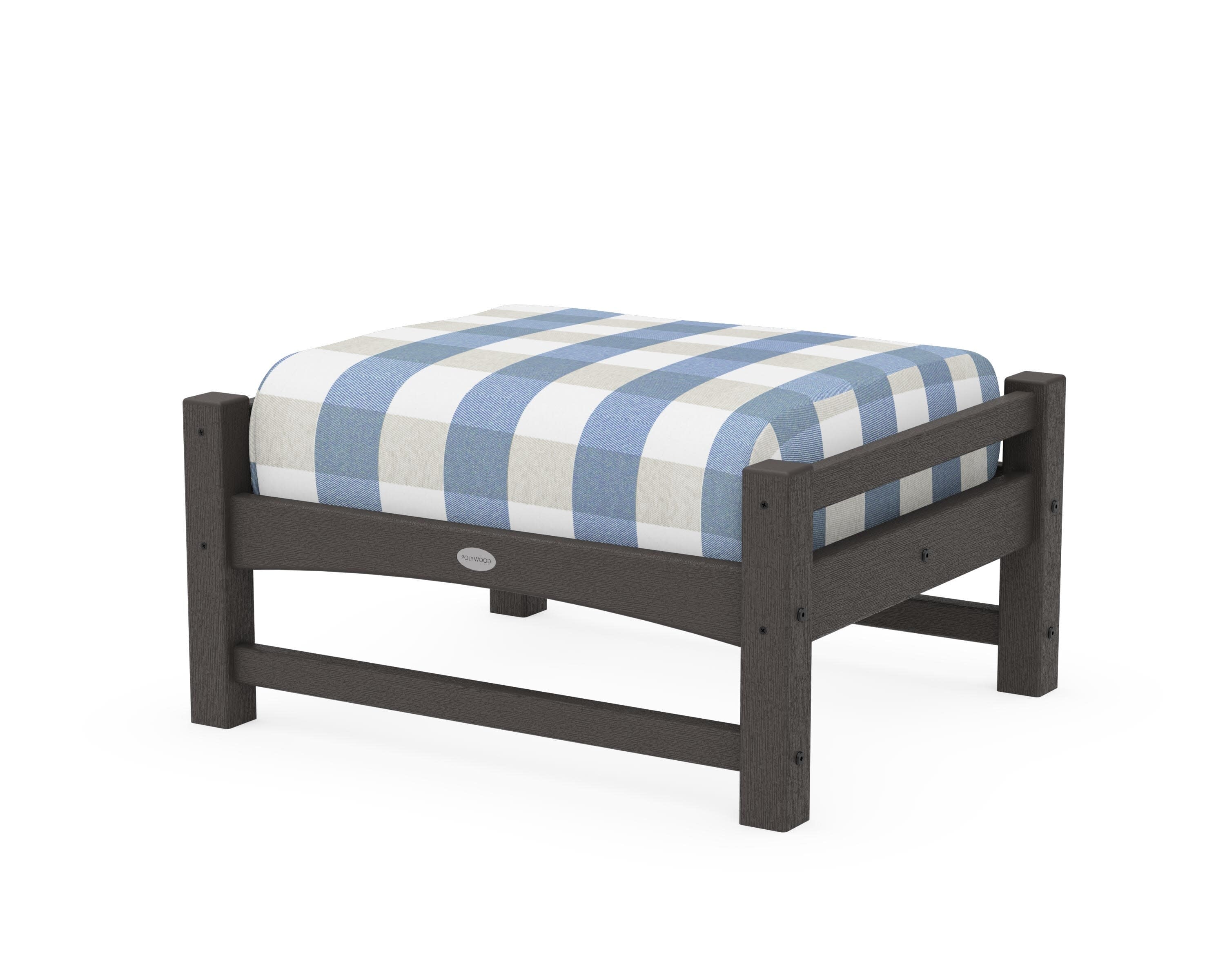Club Ottoman in Vintage Coffee / Buffalo Plaid Sky Blue