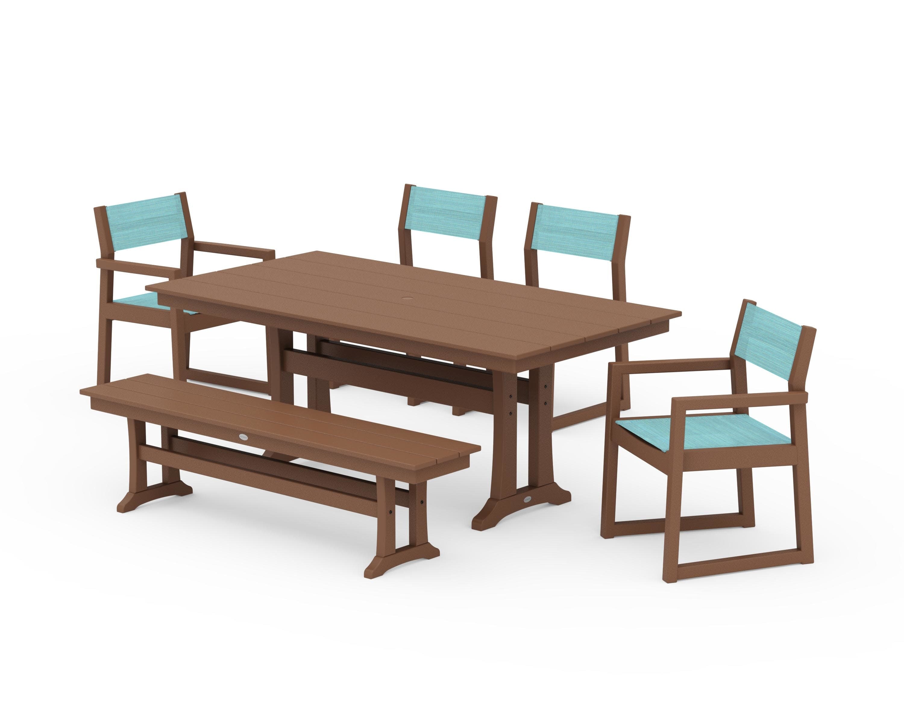 EDGE Sling 6-Piece Farmhouse Dining Set With Trestle Legs in Teak / Dupioni Aquamarine Sling
