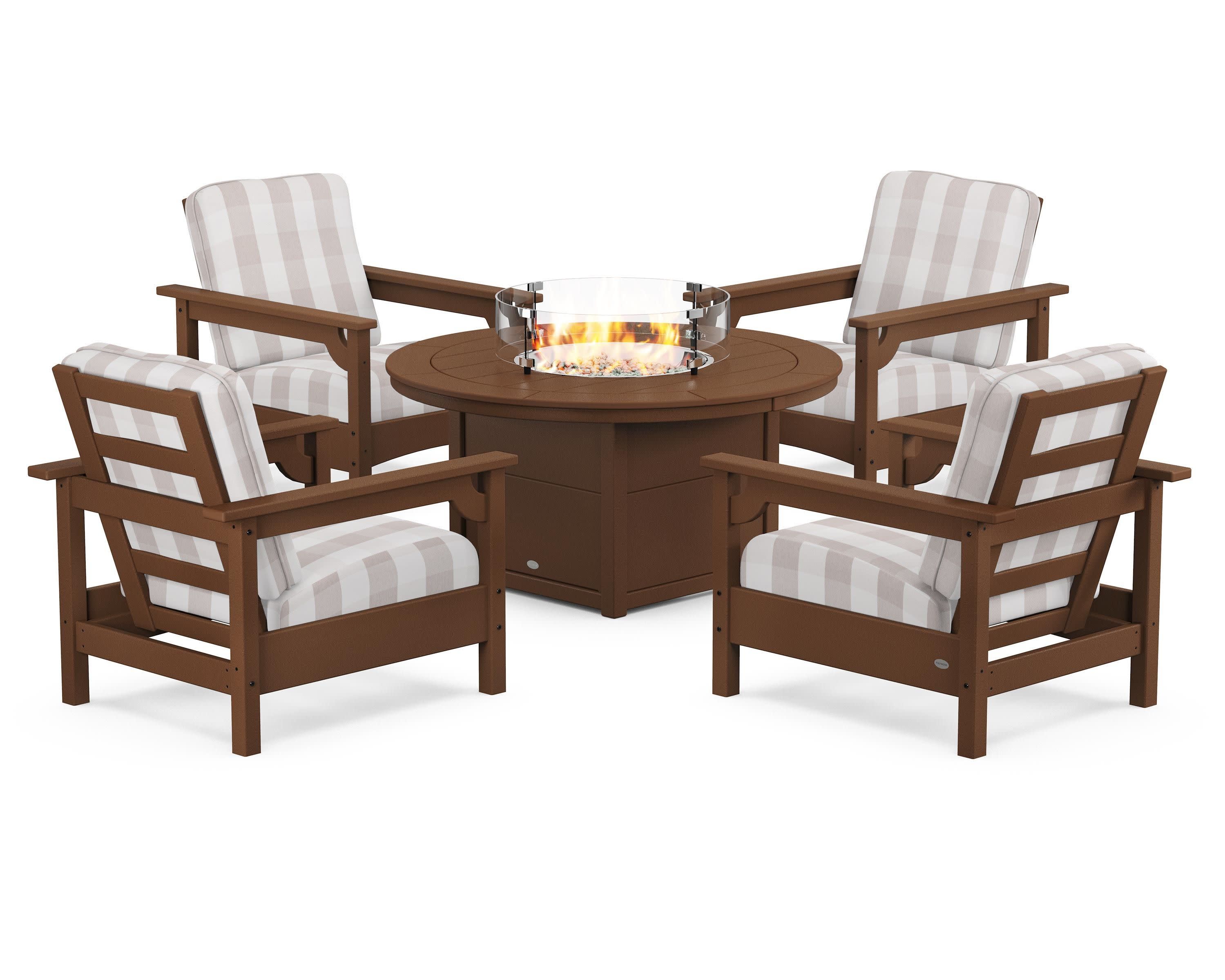 Club 5-Piece Conversation Set with Fire Pit Table in Teak / Buffalo Plaid Dune Burlap