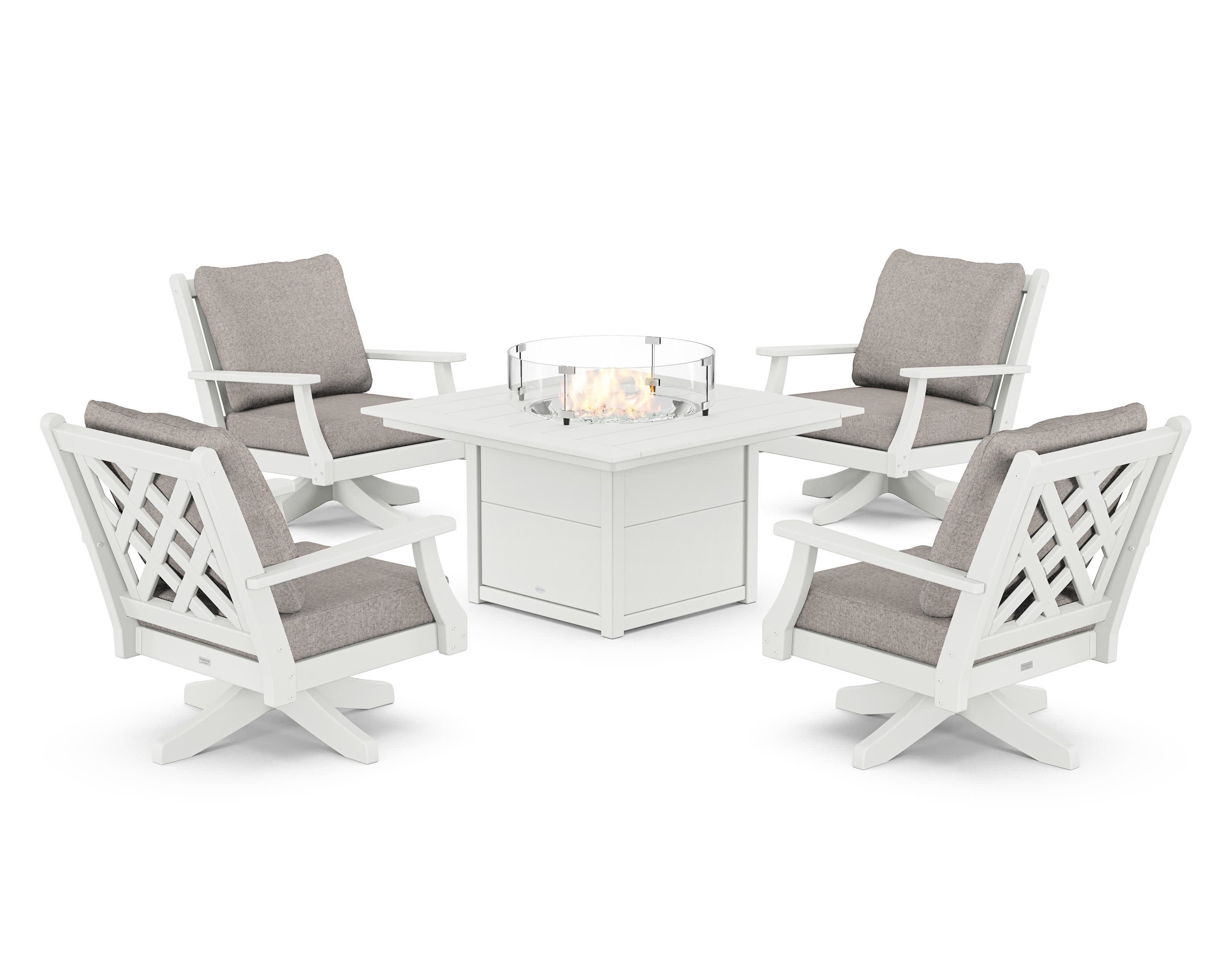 Wovendale 5-Piece Deep Seating Swivel Conversation Set with Fire Pit Table in White / Weathered Tweed
