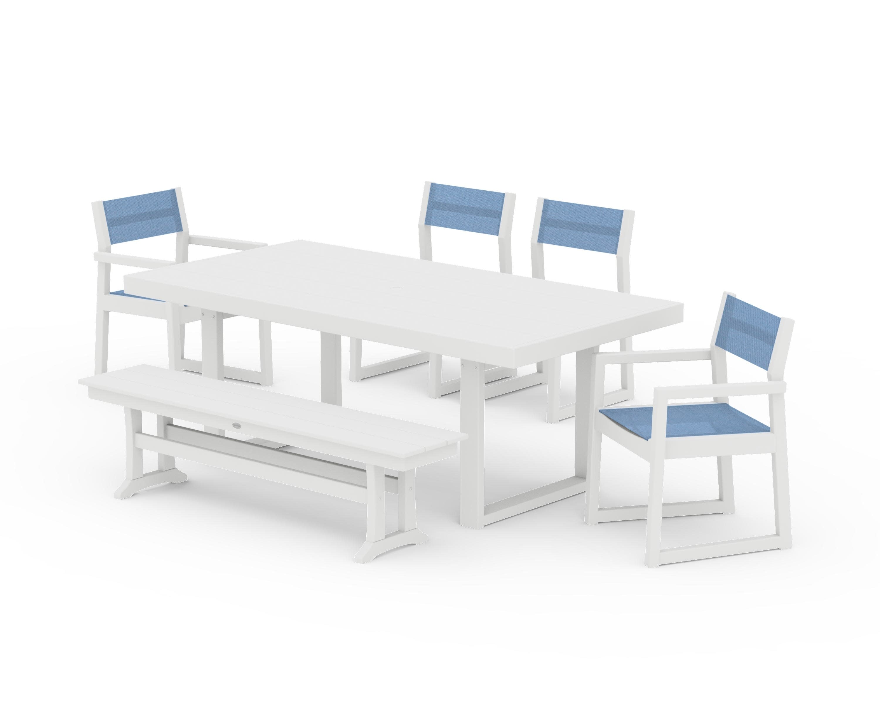 EDGE Sling 6-Piece Dining Set with Bench in White / Poolside Sling