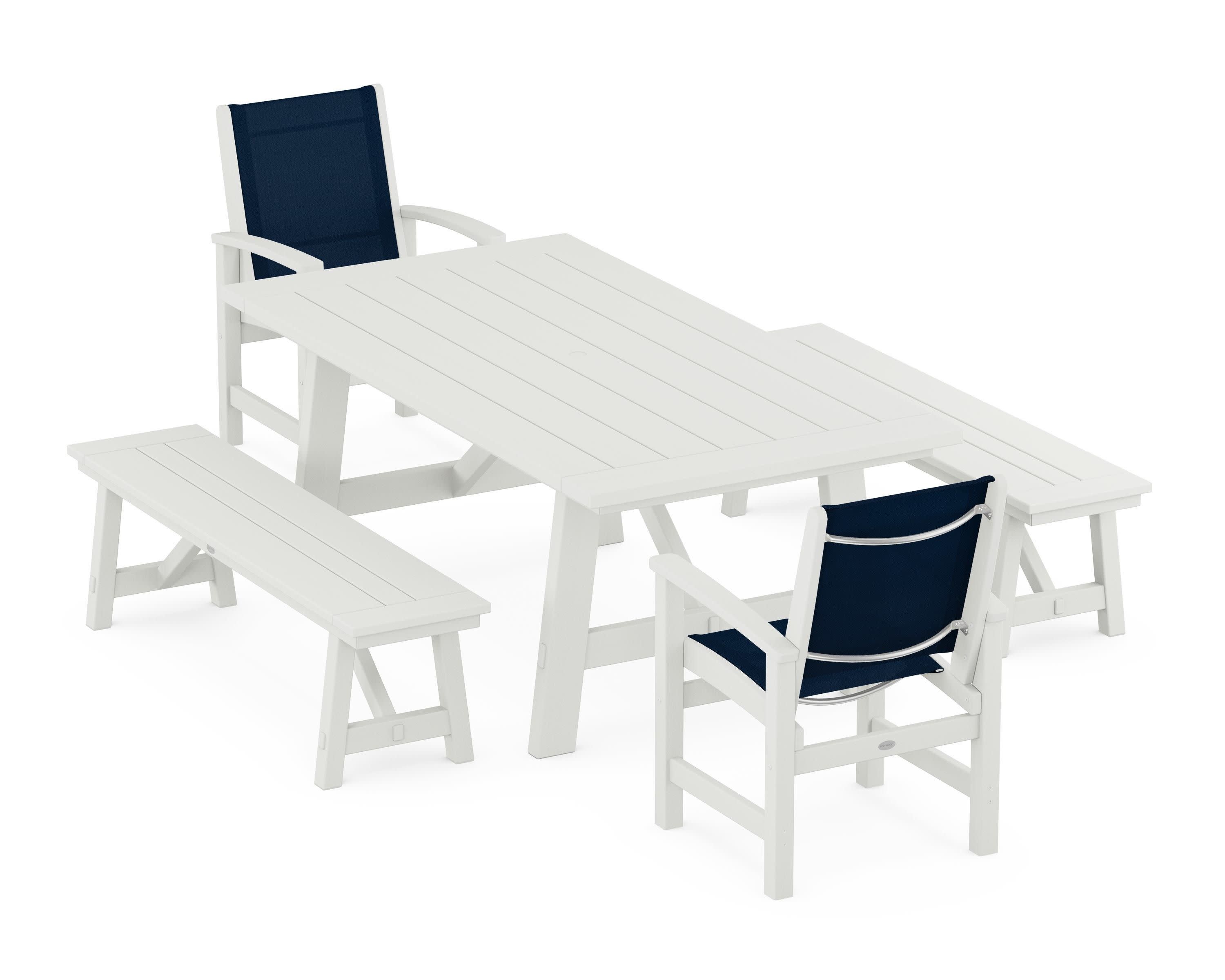 Coastal 5-Piece Rustic Farmhouse Dining Set With Benches in Vintage White / Navy Blue Sling