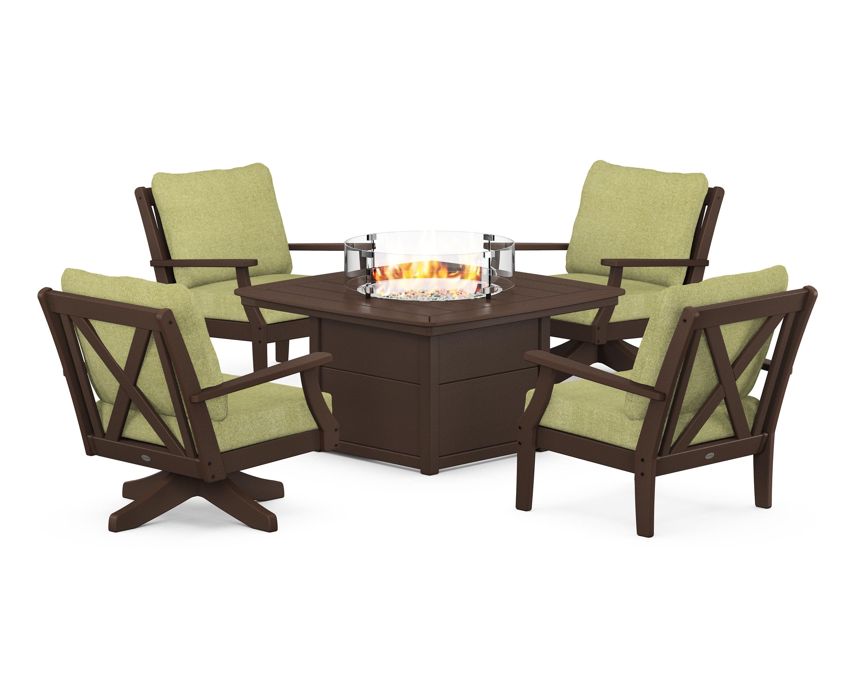 Braxton 5-Piece Deep Seating Set with Fire Table in Mahogany / Chartreuse Boucle