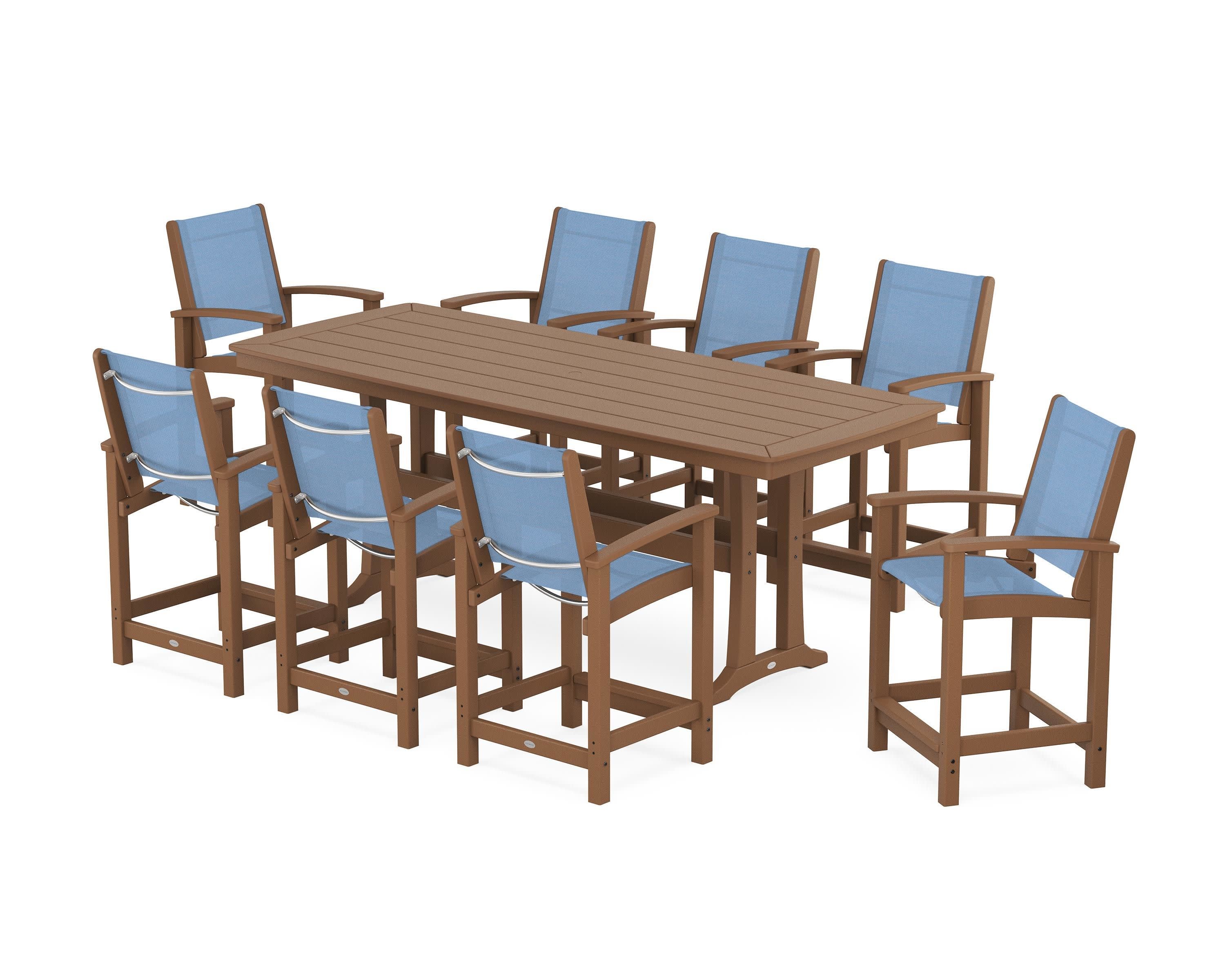 Coastal 9-Piece Counter Set with Trestle Legs in Teak / Poolside Sling