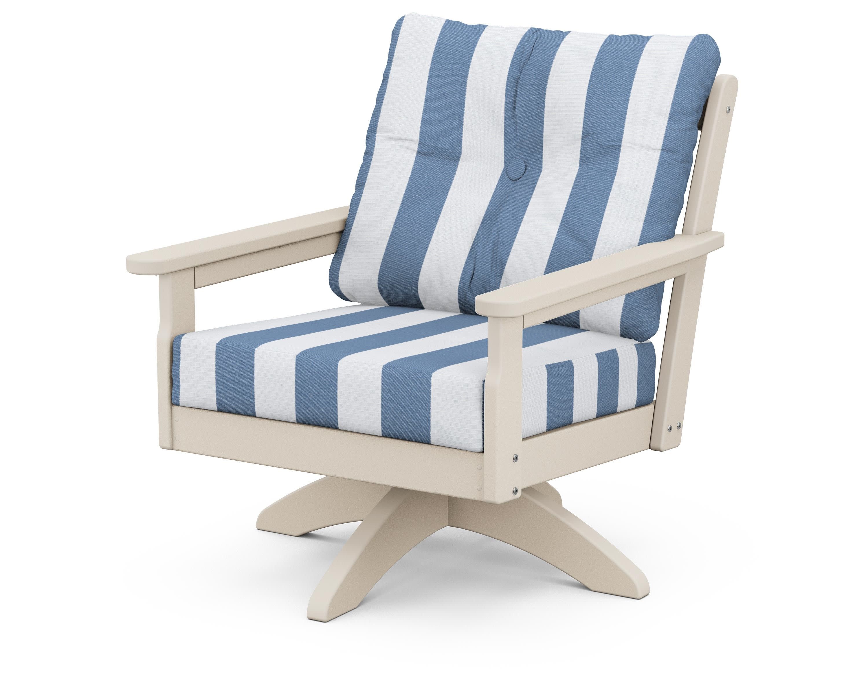 Vineyard Deep Seating Swivel Chair in Sand / Cabana Stripe Sky Blue