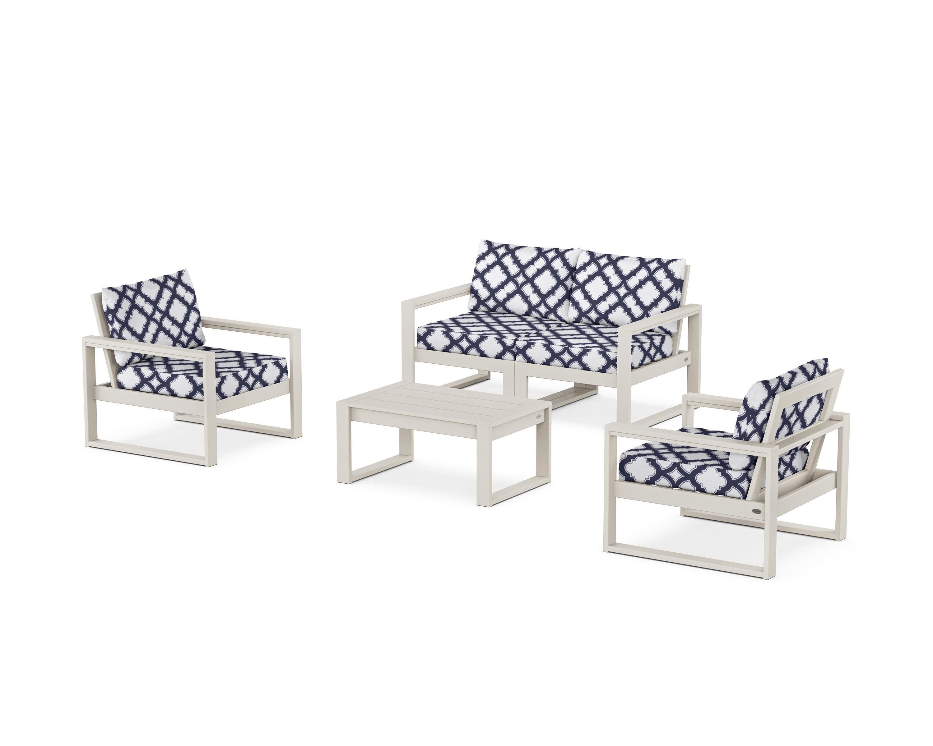 EDGE Sectional 4-Piece Deep Seating Set with Loveseat in Sand / Trellis Navy