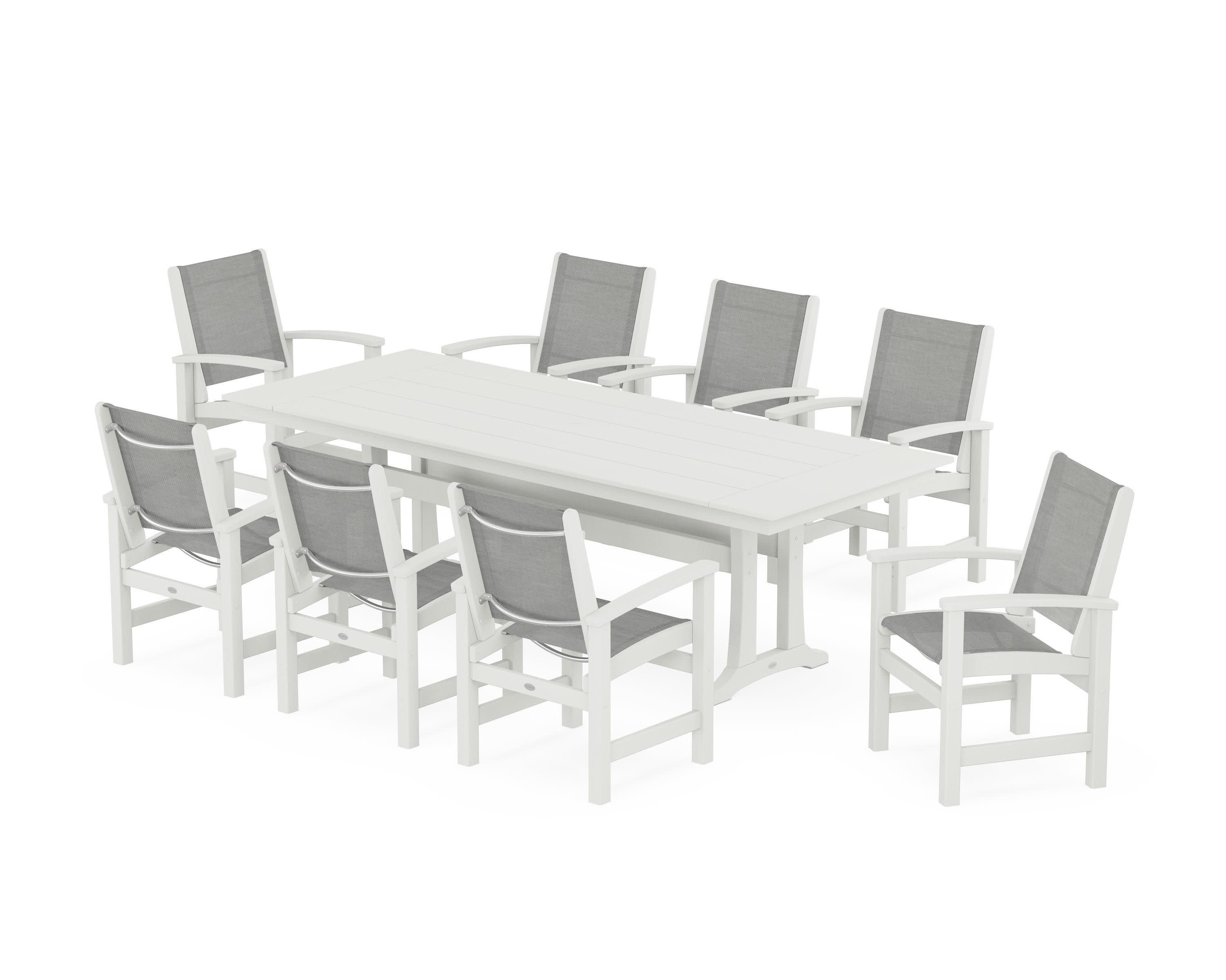 Coastal 9-Piece Farmhouse Dining Set with Trestle Legs in Vintage White / Metallic Sling