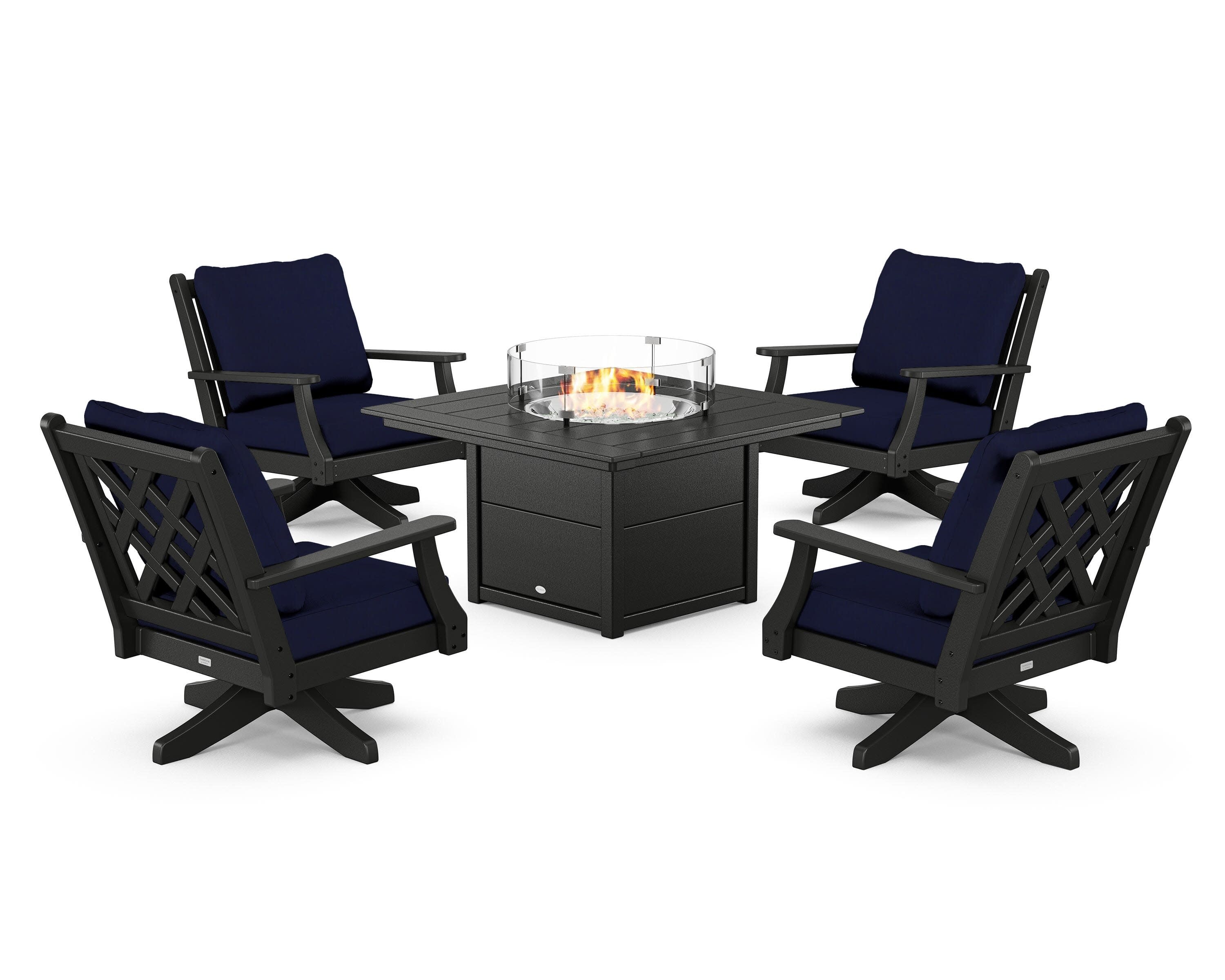 Wovendale 5-Piece Deep Seating Swivel Conversation Set with Fire Pit Table in Black / Navy