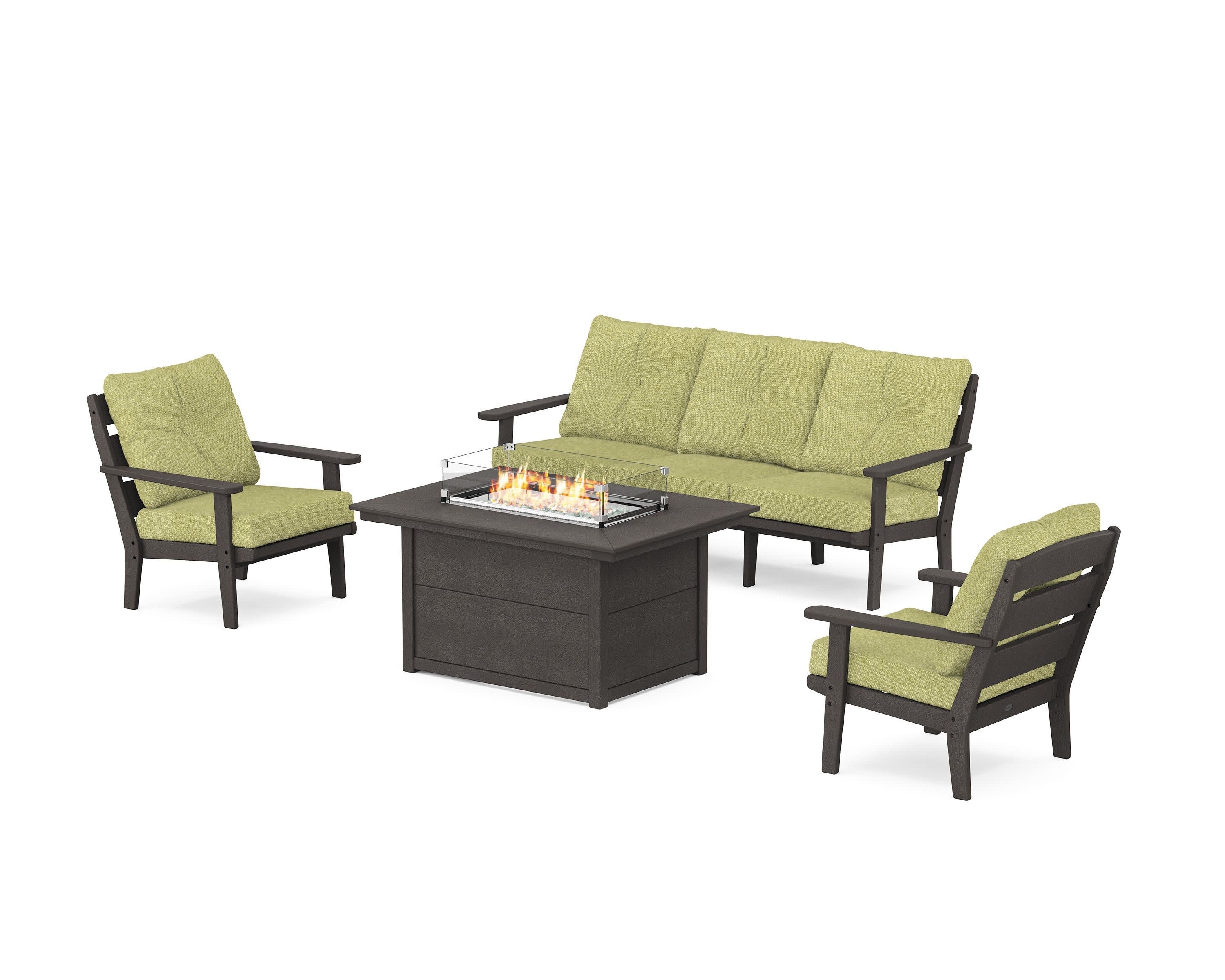 Lakeside Deep Seating Fire Pit Table Set in Vintage Coffee / Chartreuse Boucle