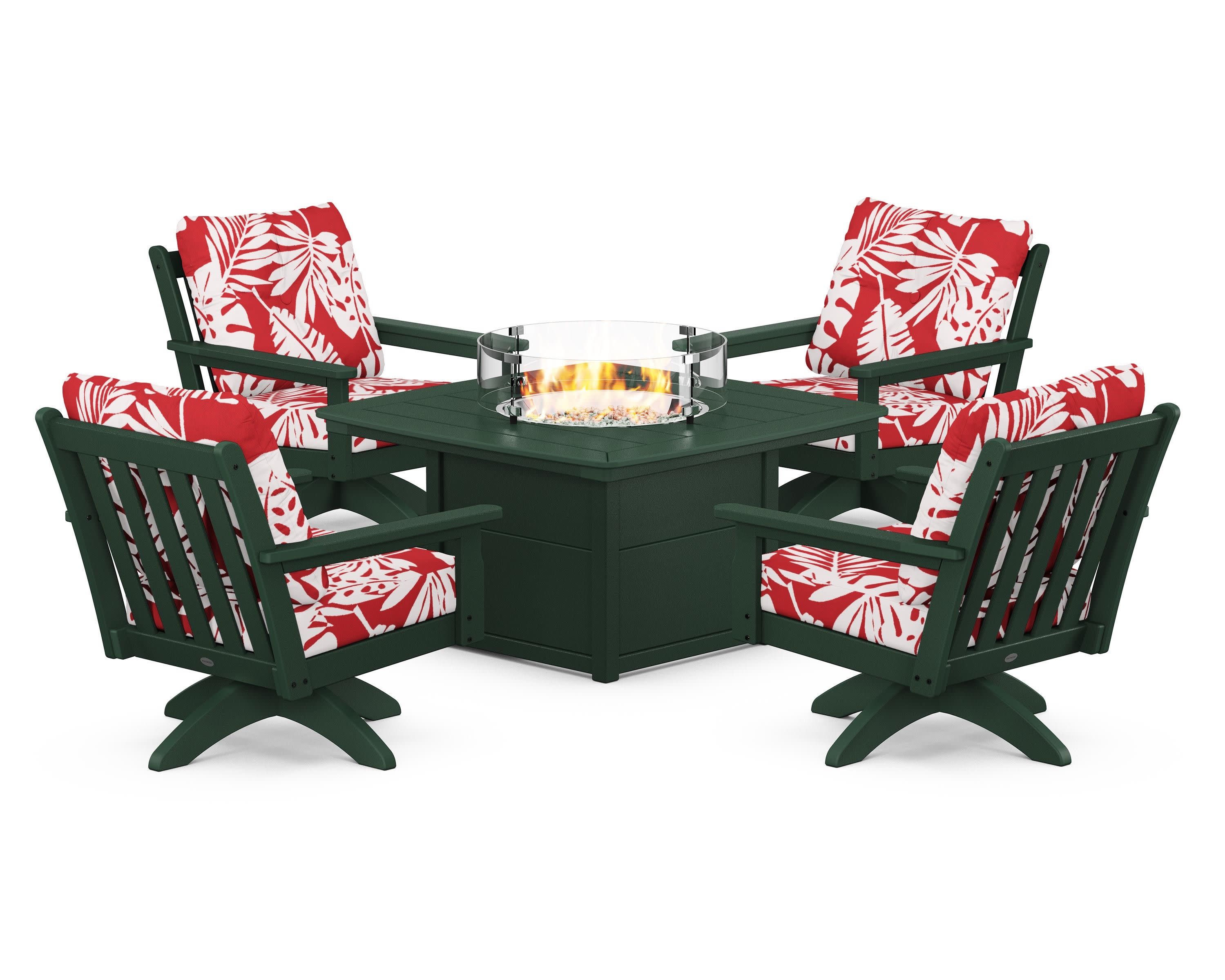 Vineyard 5-Piece Deep Seating Swivel Conversation Set with Fire Pit Table in Green / Leaf Crimson