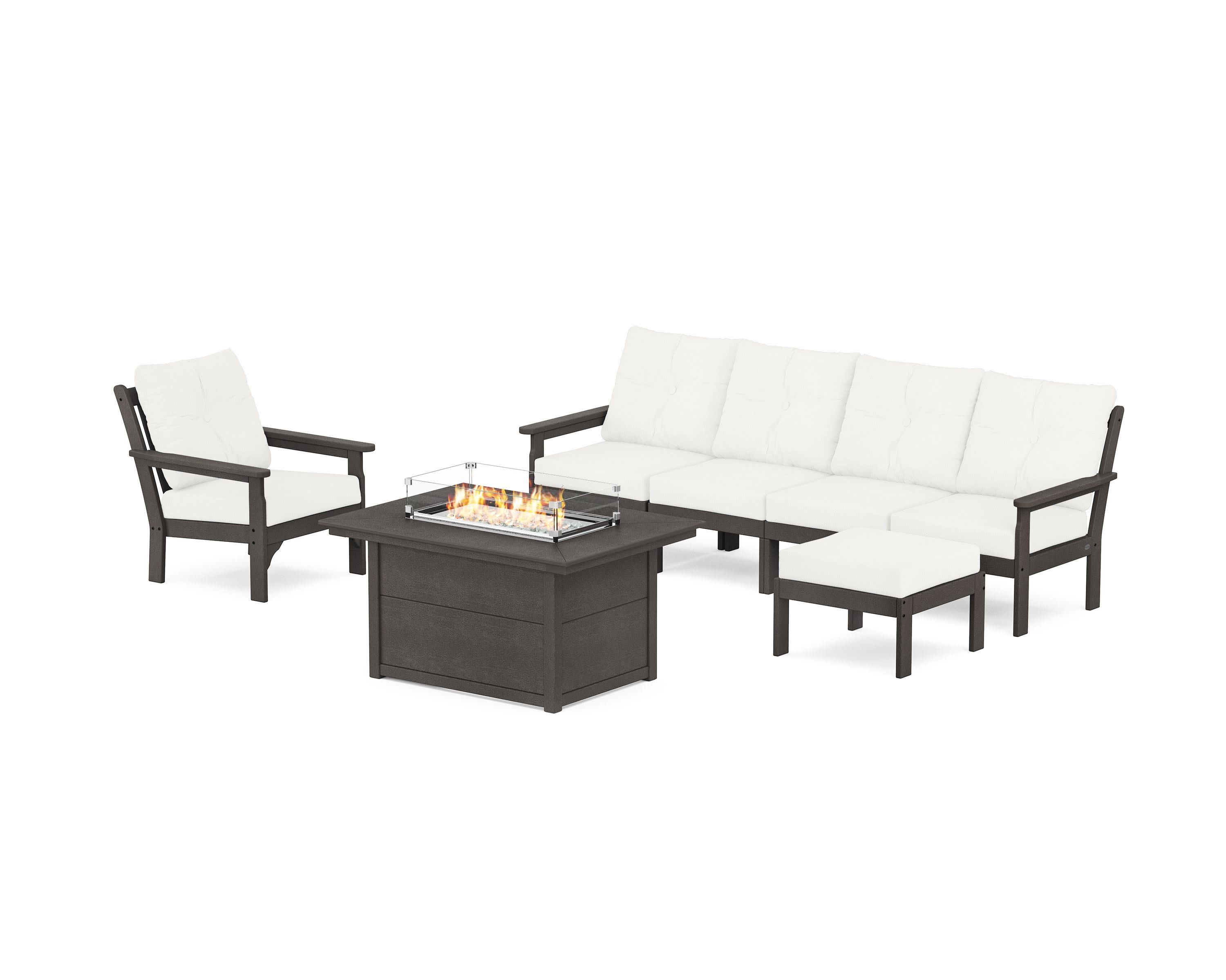 Vineyard Sectional Lounge and Fire Pit Set in Vintage Coffee / Natural Linen