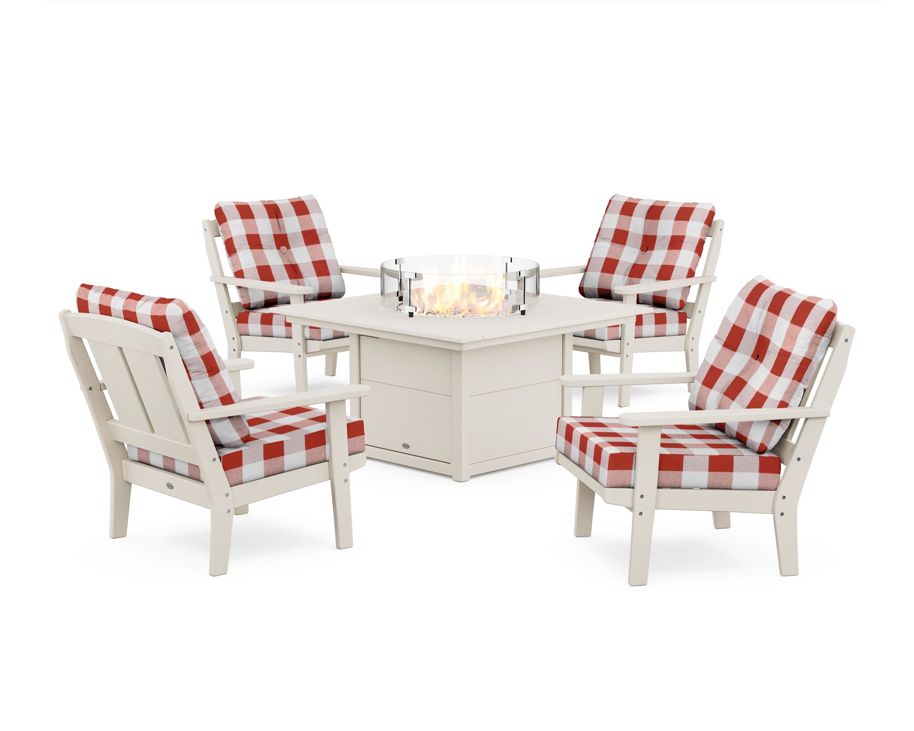 Mission 5-Piece Deep Seating Set with Fire Pit Table in Sand / Buffalo Plaid Crimson