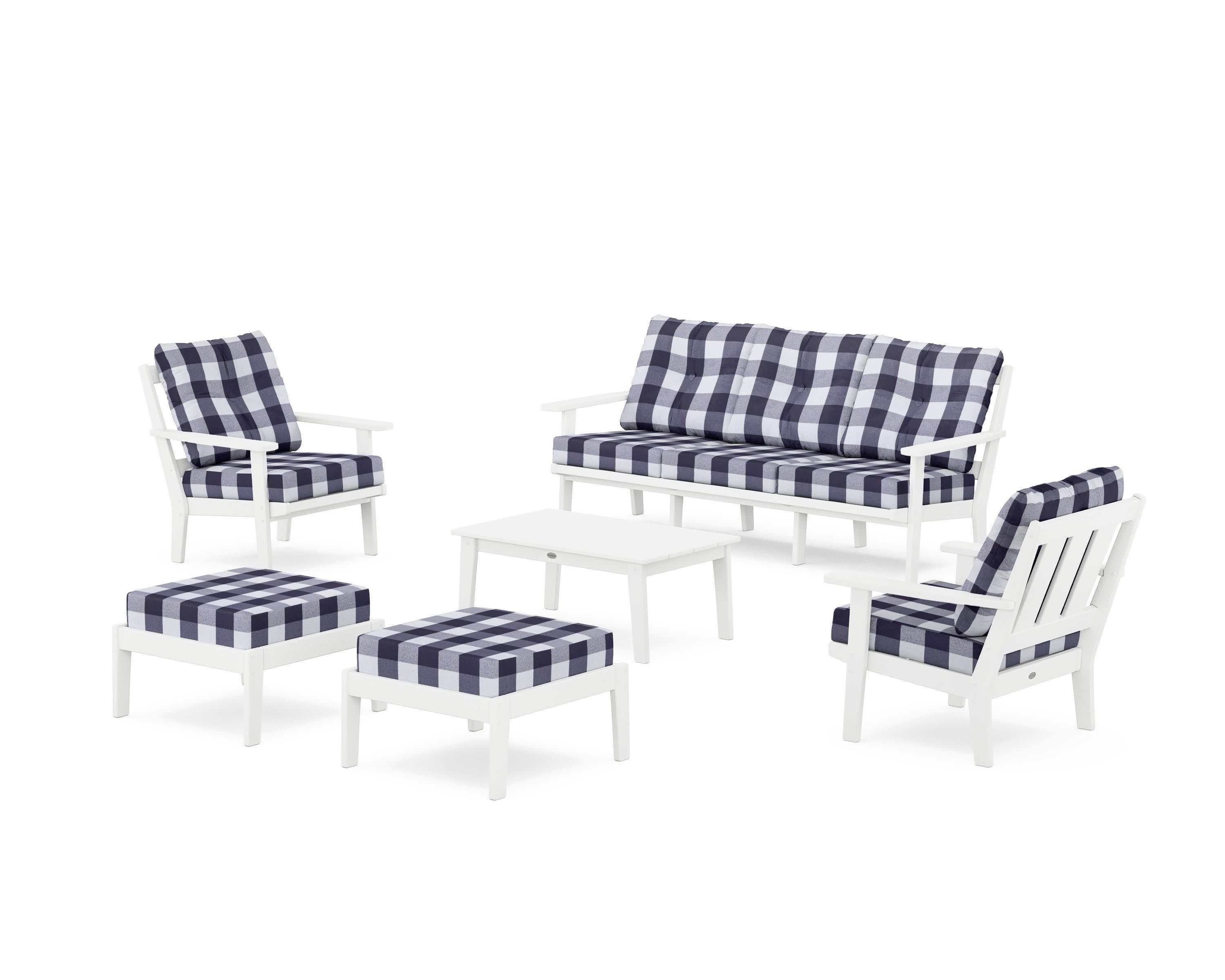 Oxford 6-Piece Lounge Sofa Set in White / Buffalo Plaid Navy