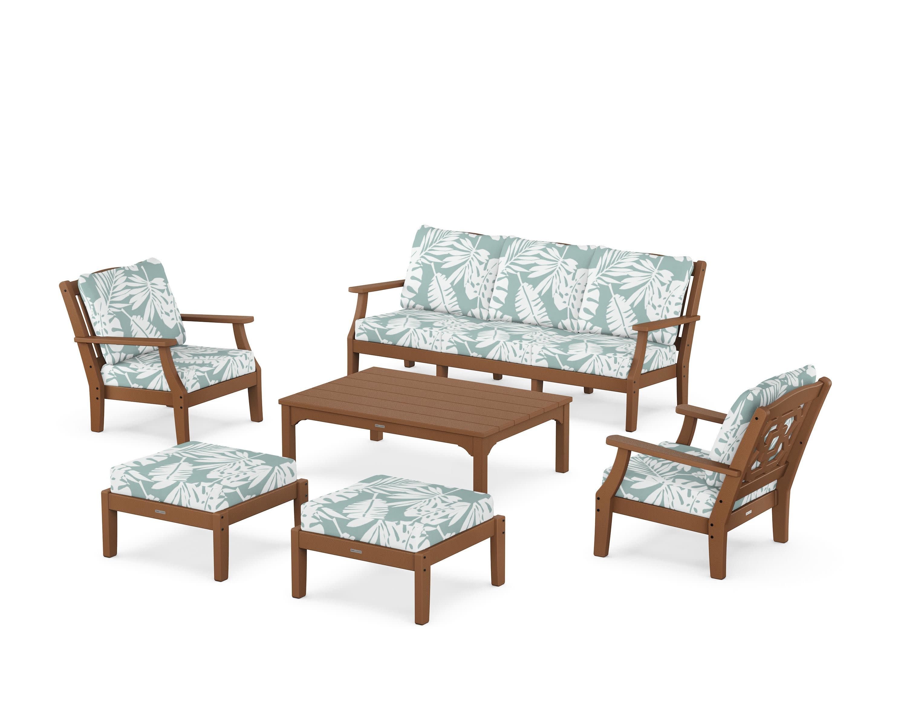 Chinoiserie 6-Piece Lounge Sofa Set in Teak / Leaf Glacier Spa