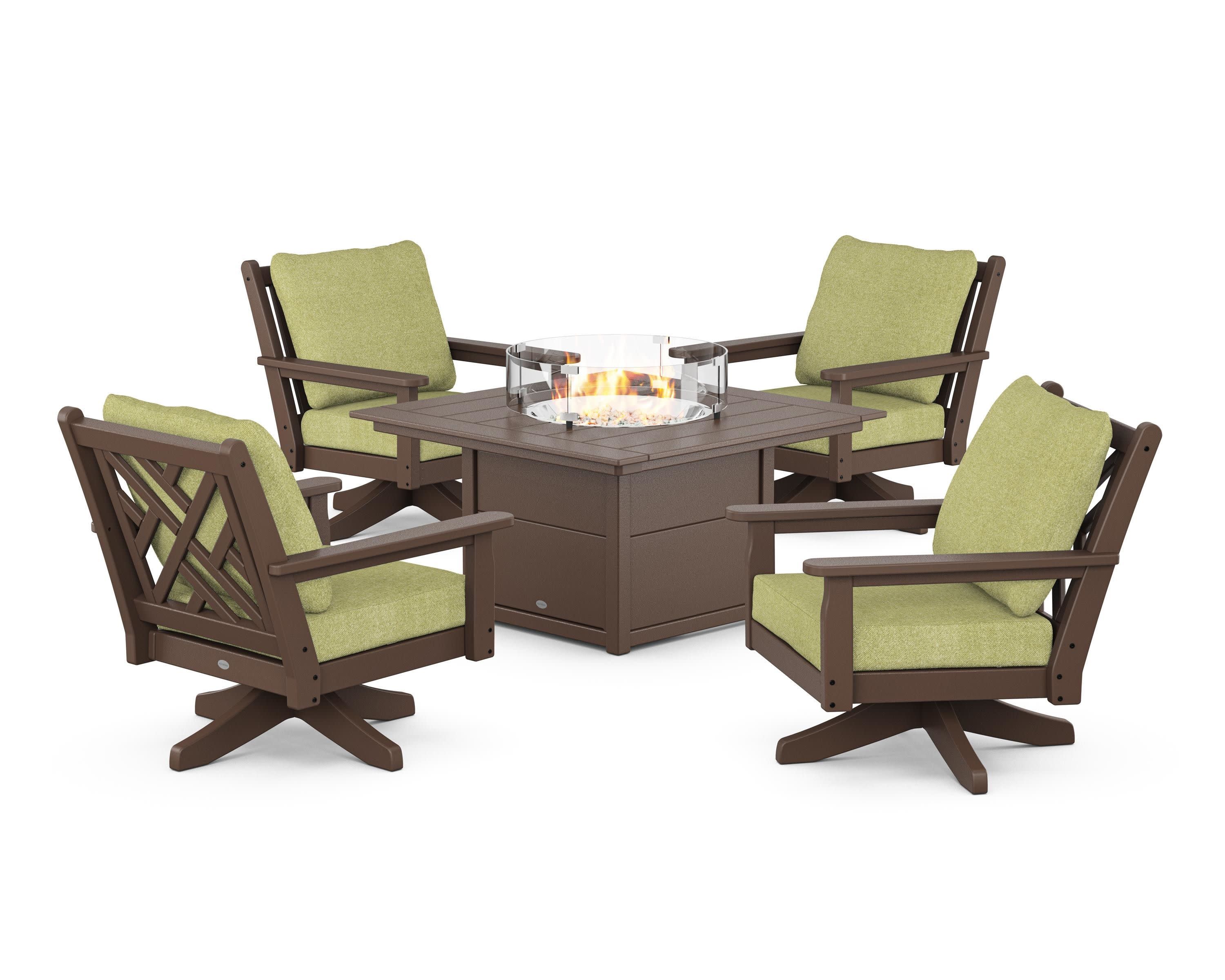 Chippendale 5-Piece Deep Seating Swivel Conversation Set with Fire Pit Table in Mahogany / Chartreuse Boucle