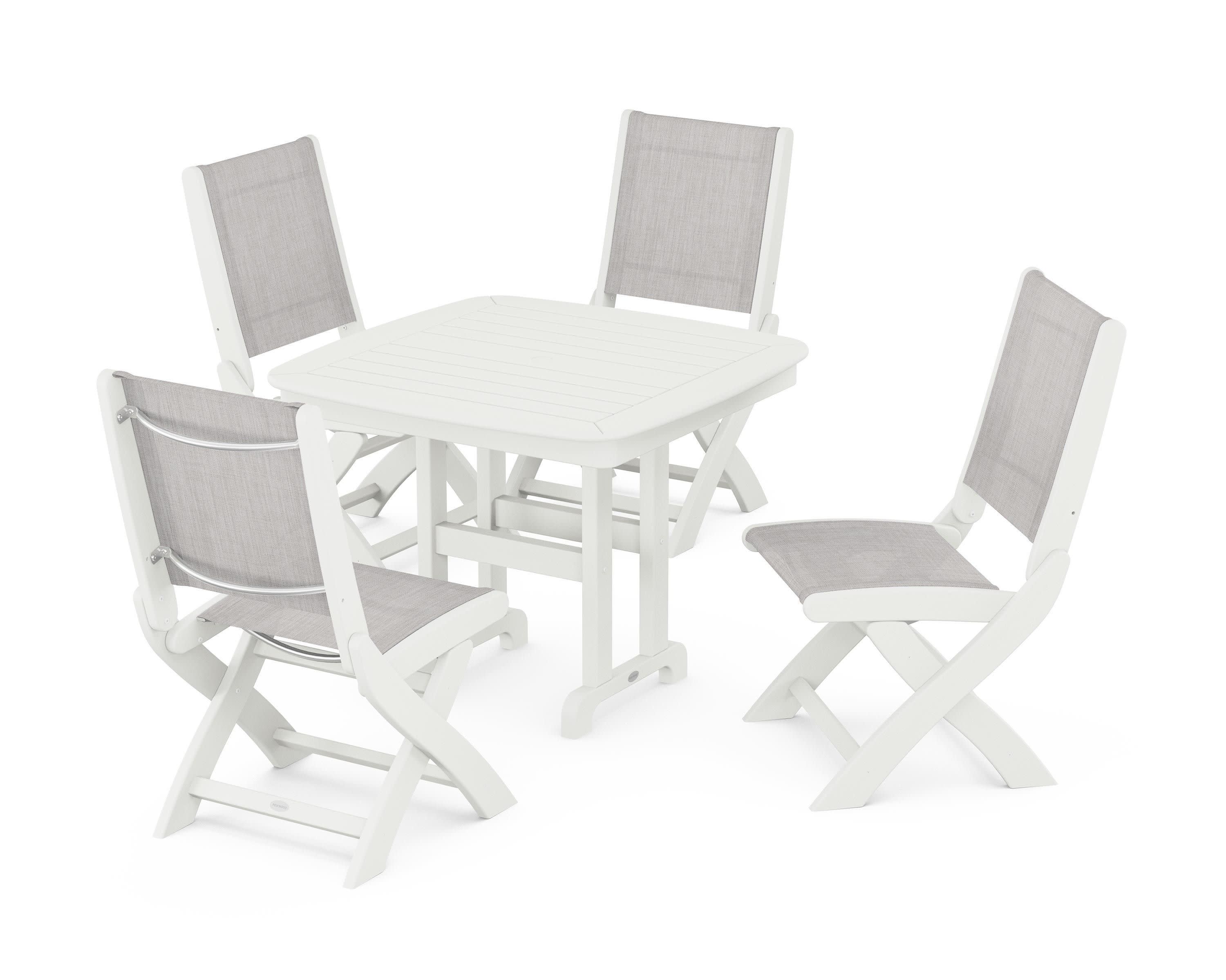 Coastal Folding Side Chair 5-Piece Dining Set in Vintage White / Parchment Sling