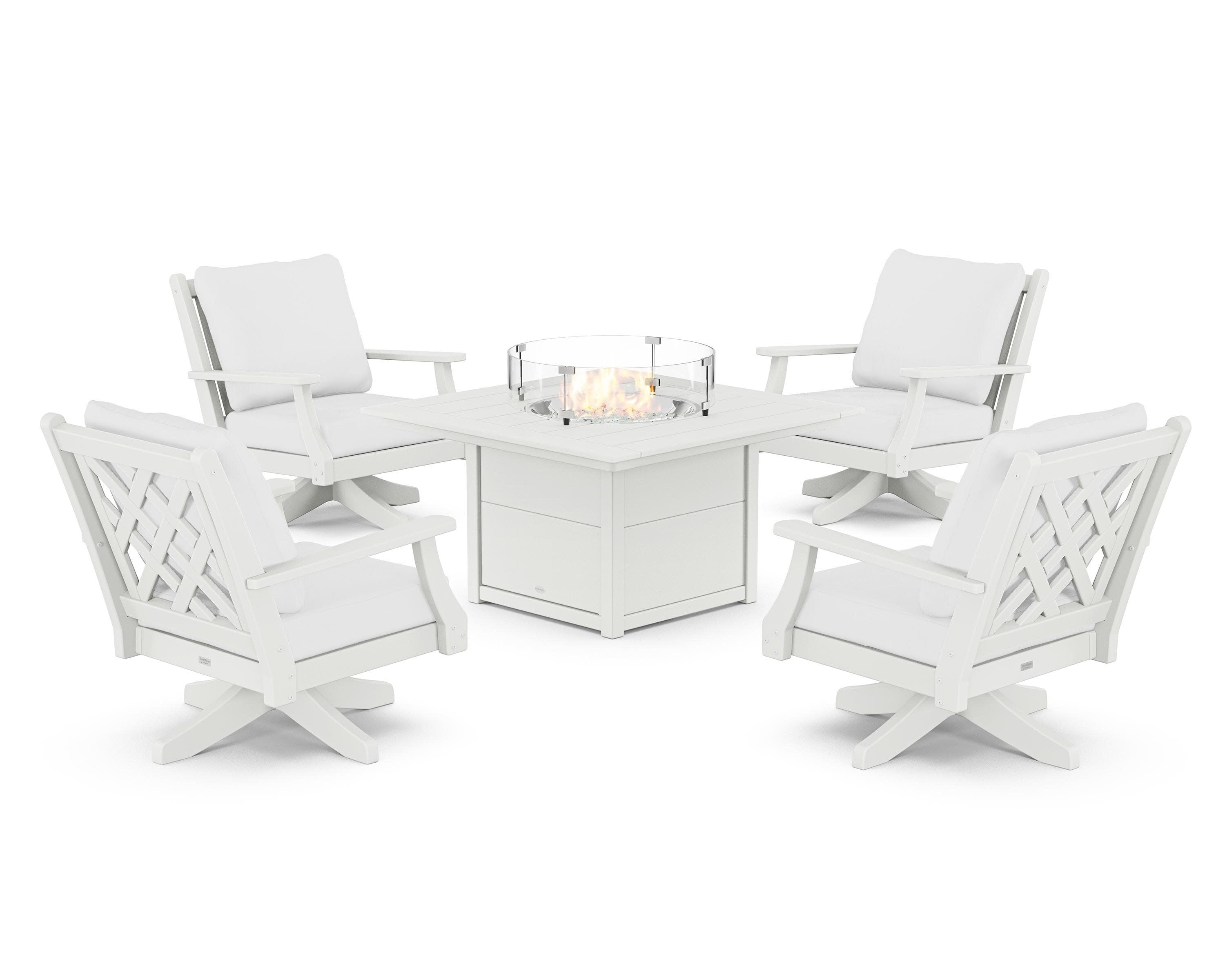 Wovendale 5-Piece Deep Seating Swivel Conversation Set with Fire Pit Table in White / Natural