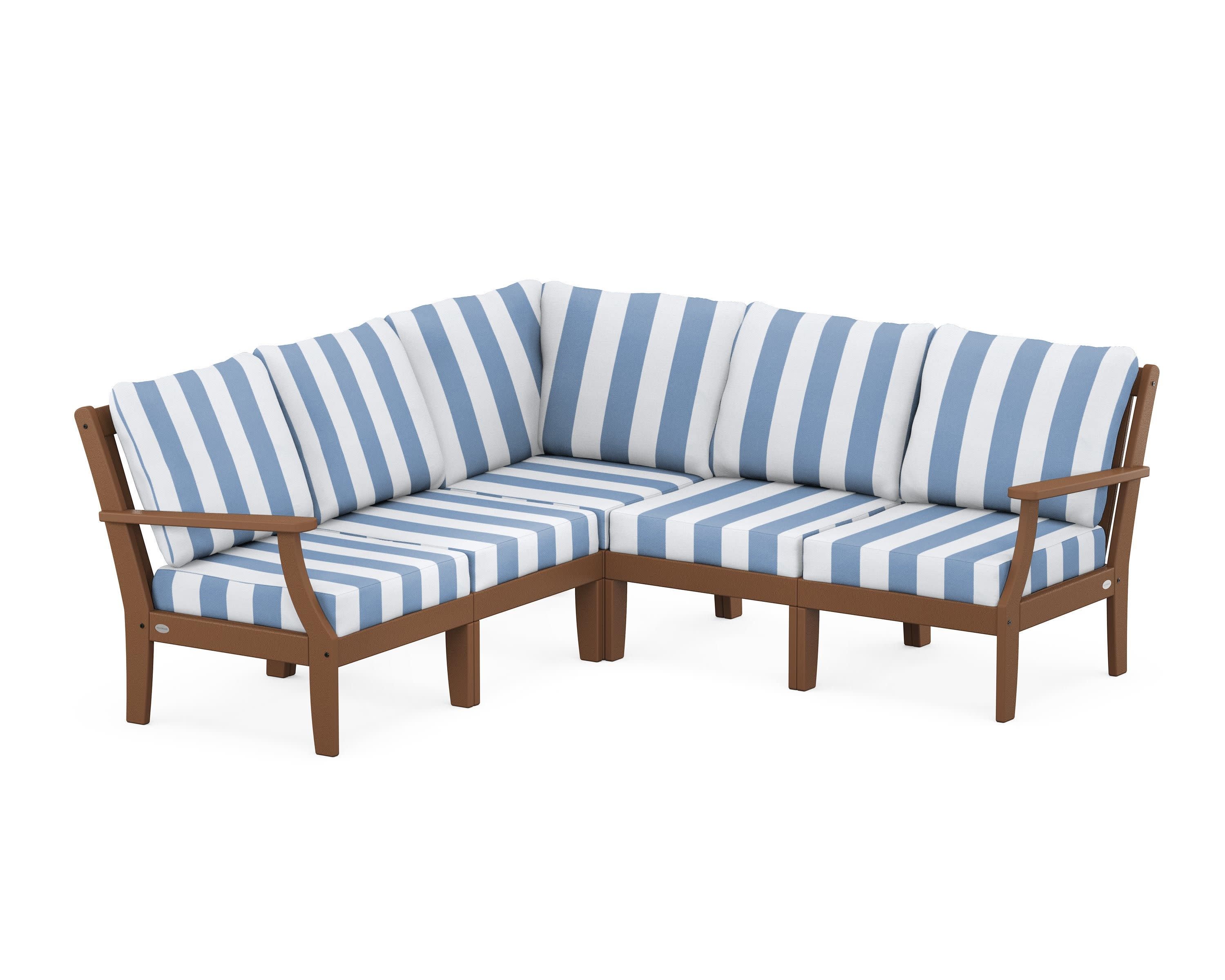 Braxton Modular 5-Piece Deep Seating Set in Teak / Cabana Stripe Sky Blue