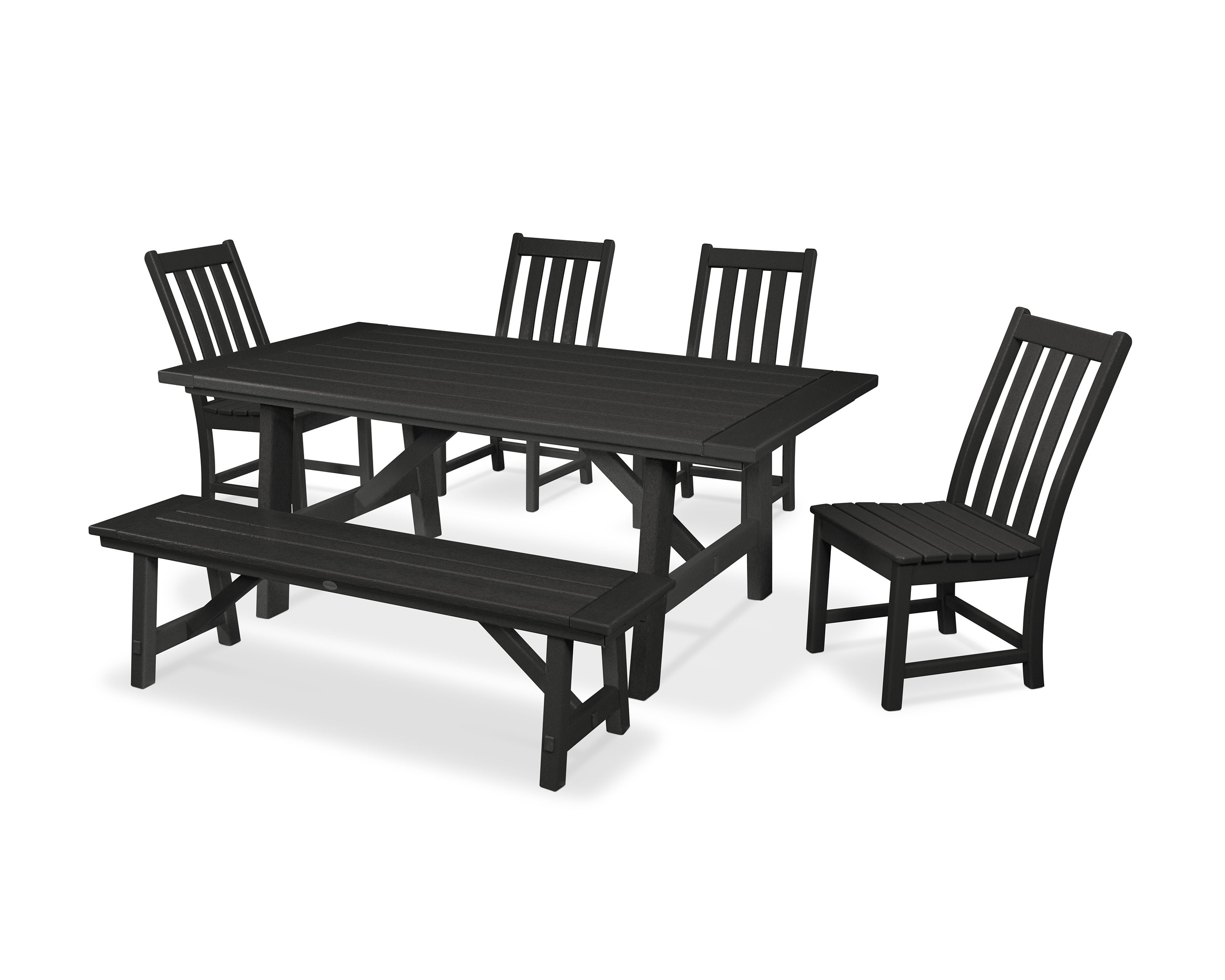 Vineyard 6-Piece Rustic Farmhouse Side Chair Dining Set with Bench in Black