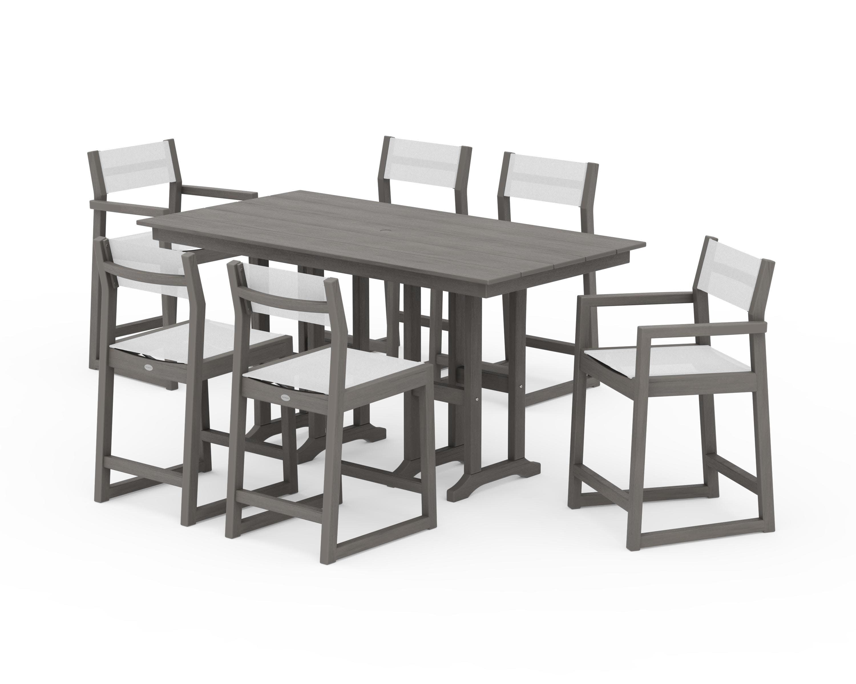 EDGE Sling 7-Piece Farmhouse Counter Set with Trestle Legs in Driftwood / White Sling