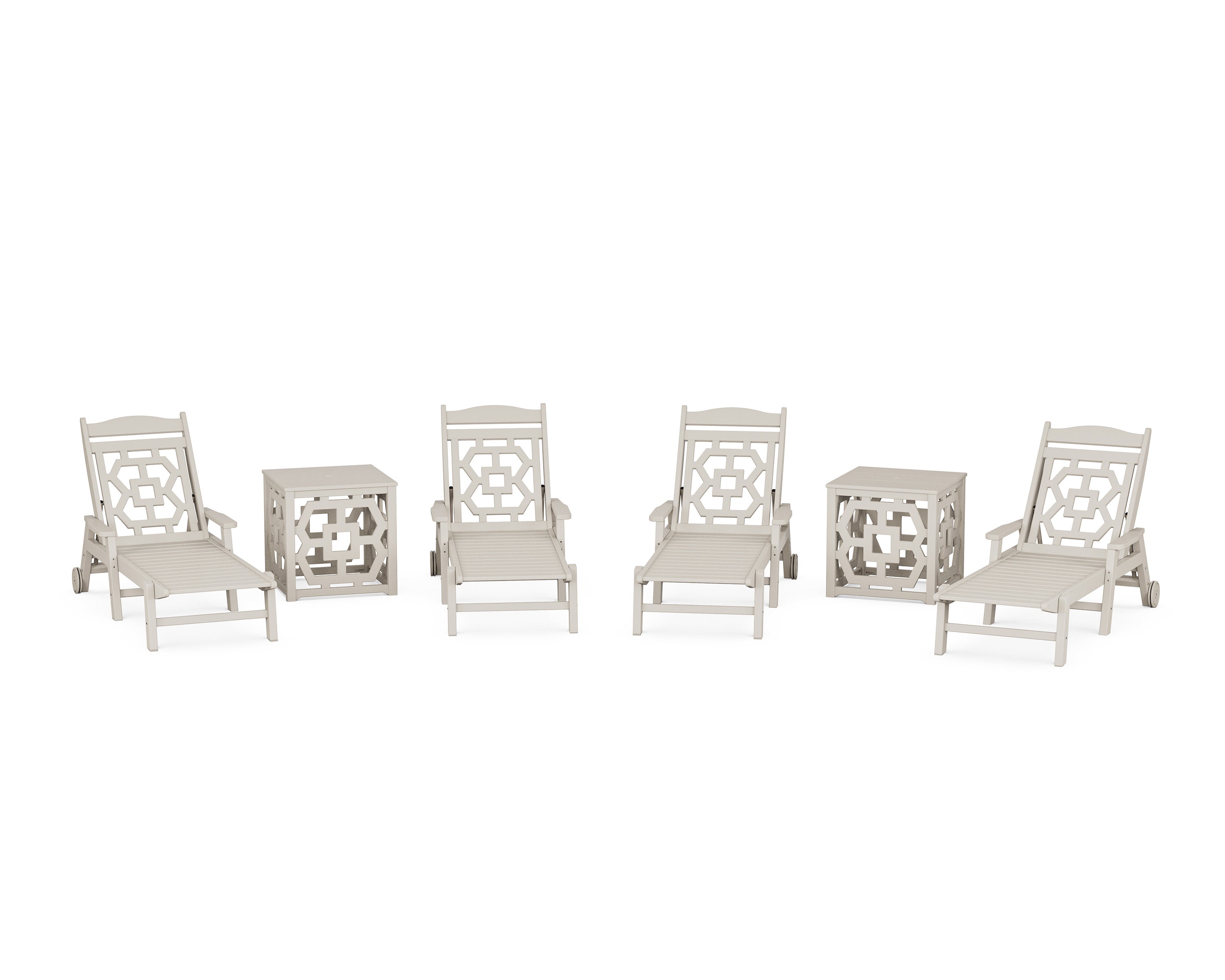 Chinoiserie 6-Piece Chaise Set with Umbrella Stand Accent Table in Sand