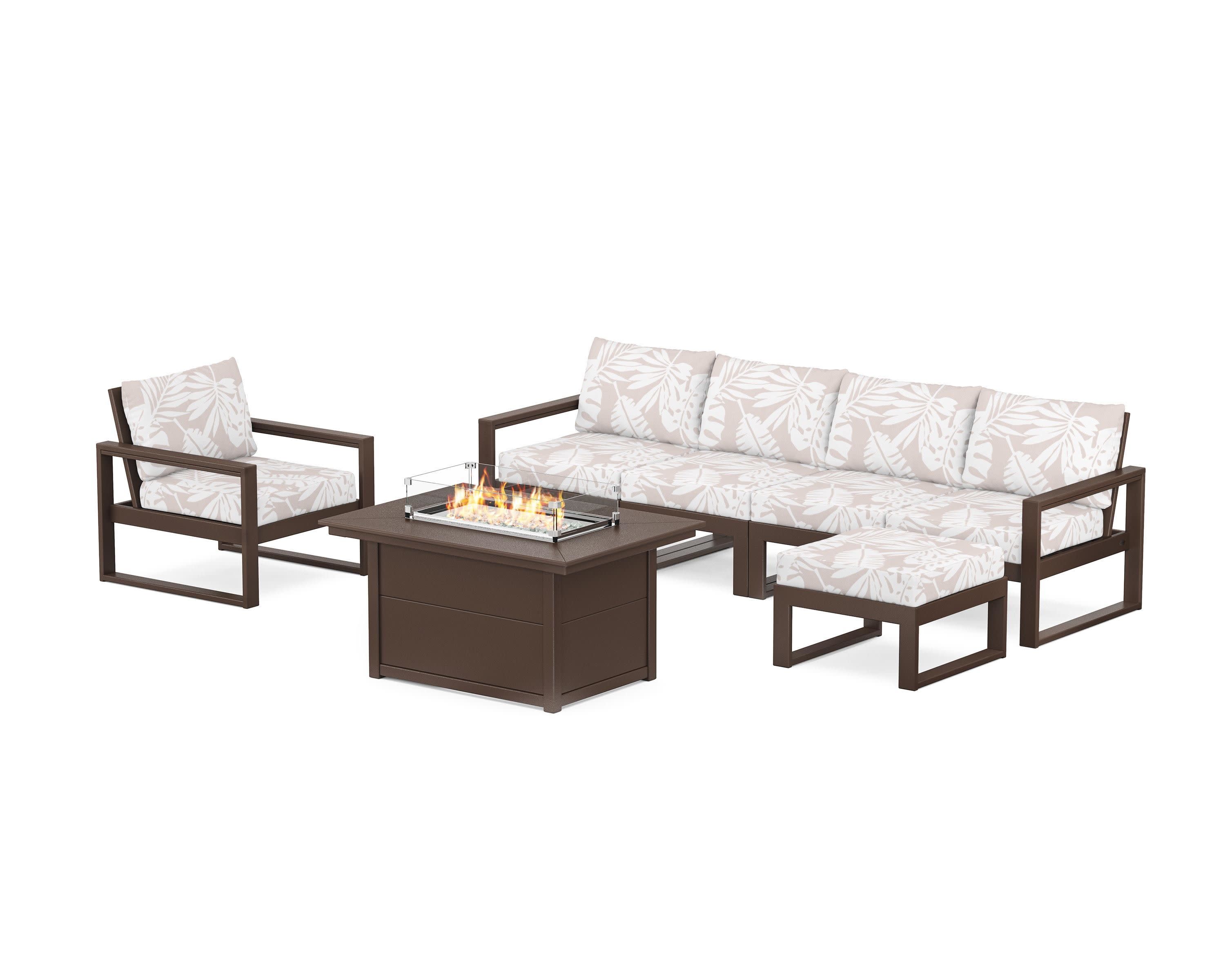 EDGE Sectional Lounge and Fire Pit Set in Mahogany / Leaf Dune Burlap