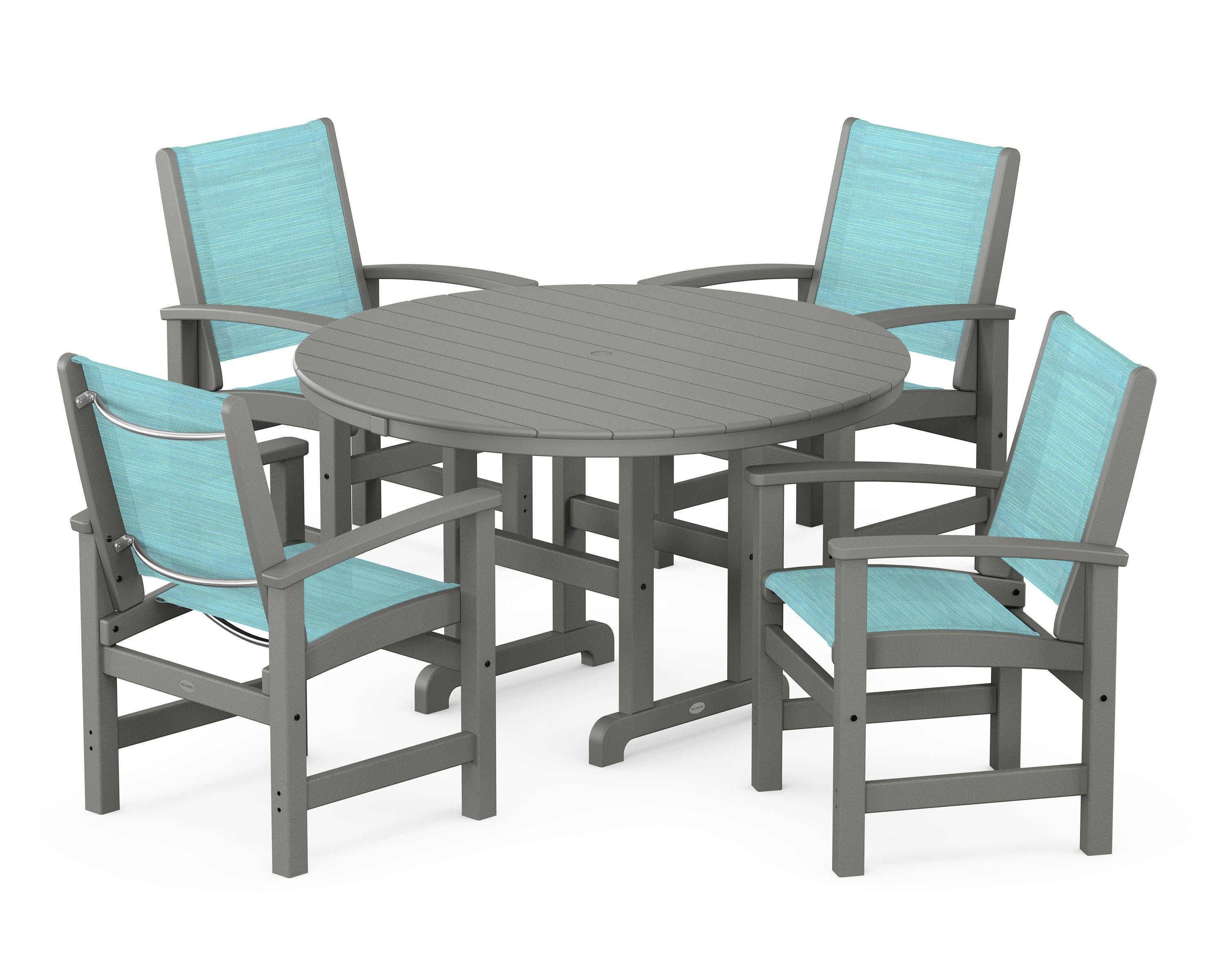 Coastal 5-Piece Round Farmhouse Dining Set in Slate Grey / Dupioni Aquamarine Sling