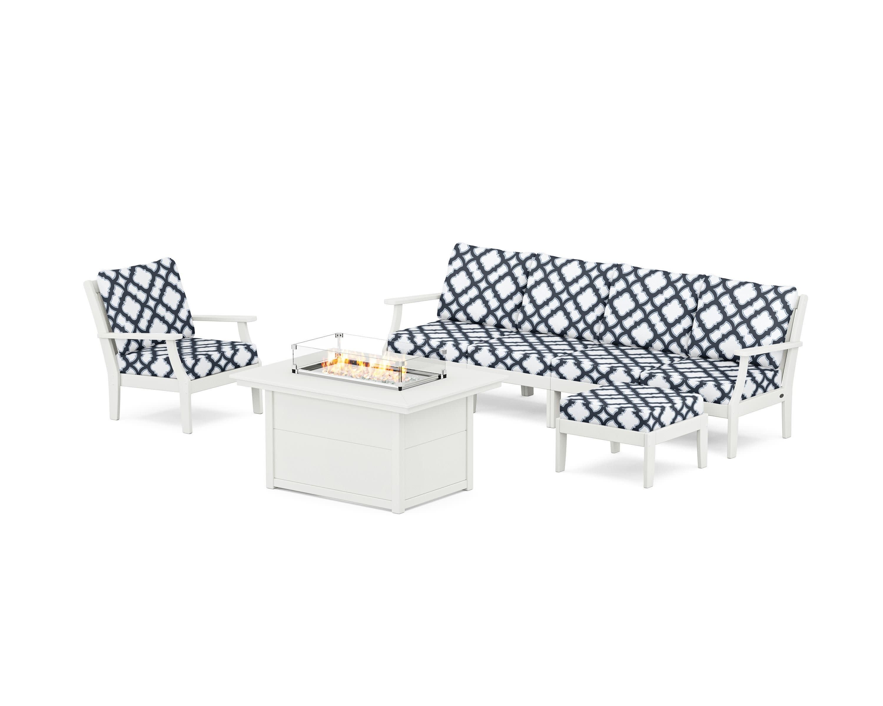Braxton Sectional Lounge and Fire Pit Set in Vintage White / Trellis Marine Indigo