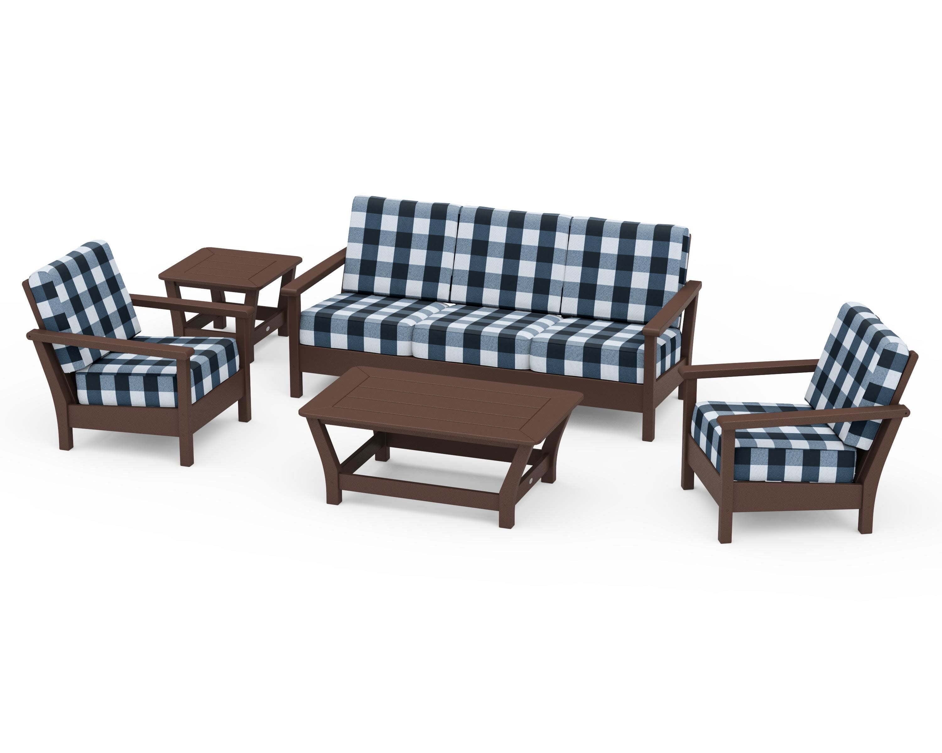 Harbour 5-Piece Deep Seating Set in Mahogany / Buffalo Plaid Marine Indigo