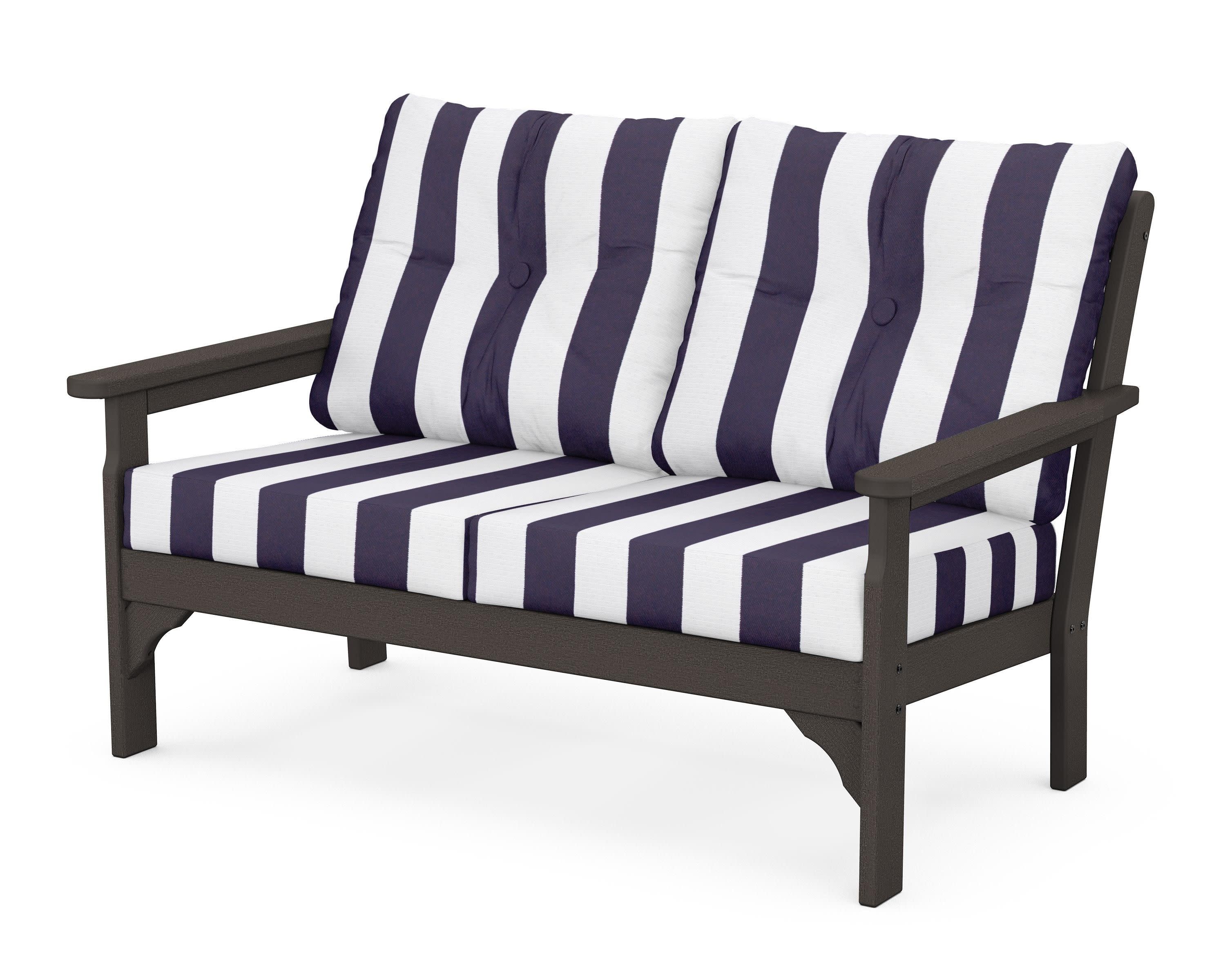 Vineyard Deep Seating Loveseat in Vintage Coffee / Cabana Stripe Navy