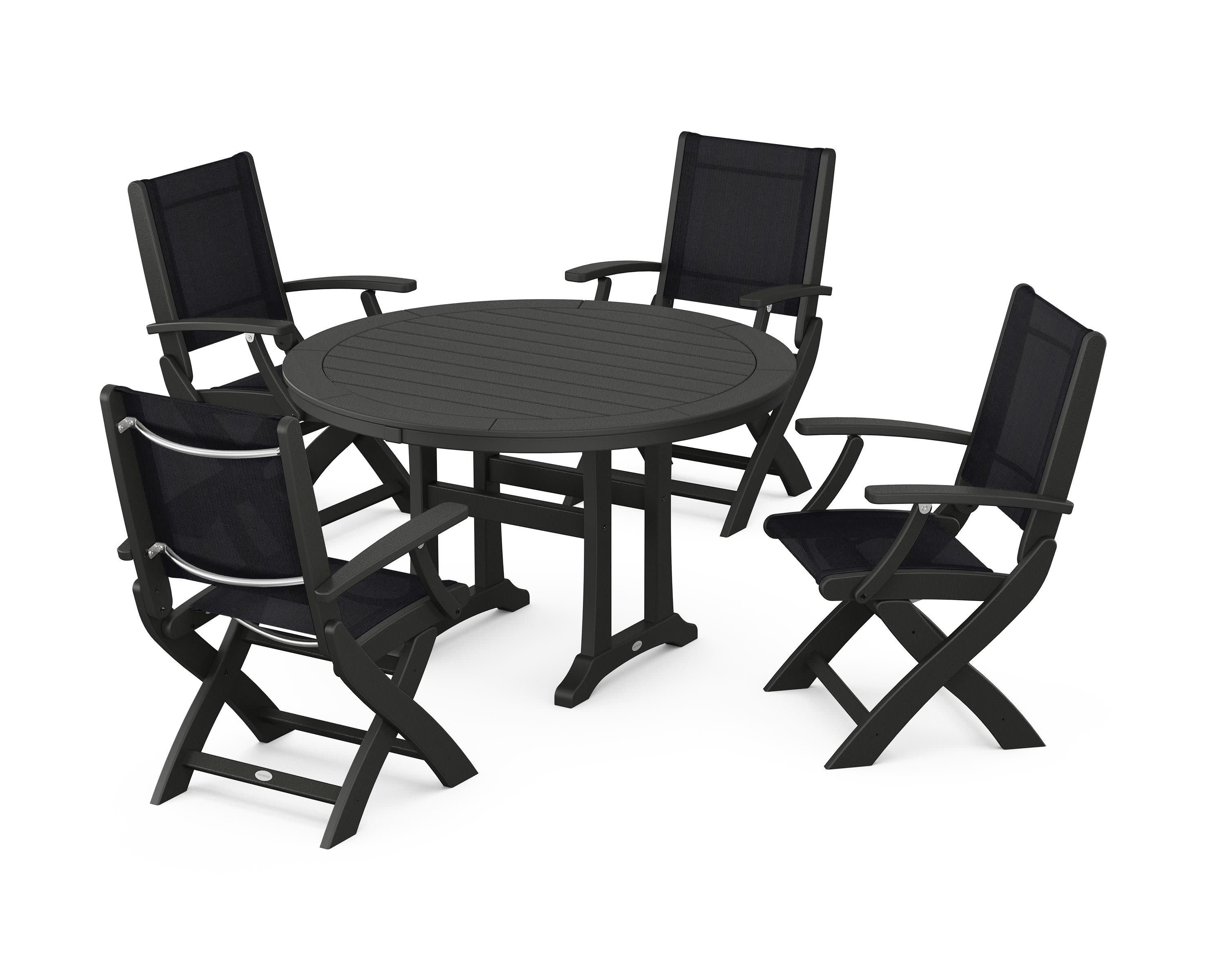 Coastal Folding Chair 5-Piece Round Dining Set with Trestle Legs in Black / Black Sling