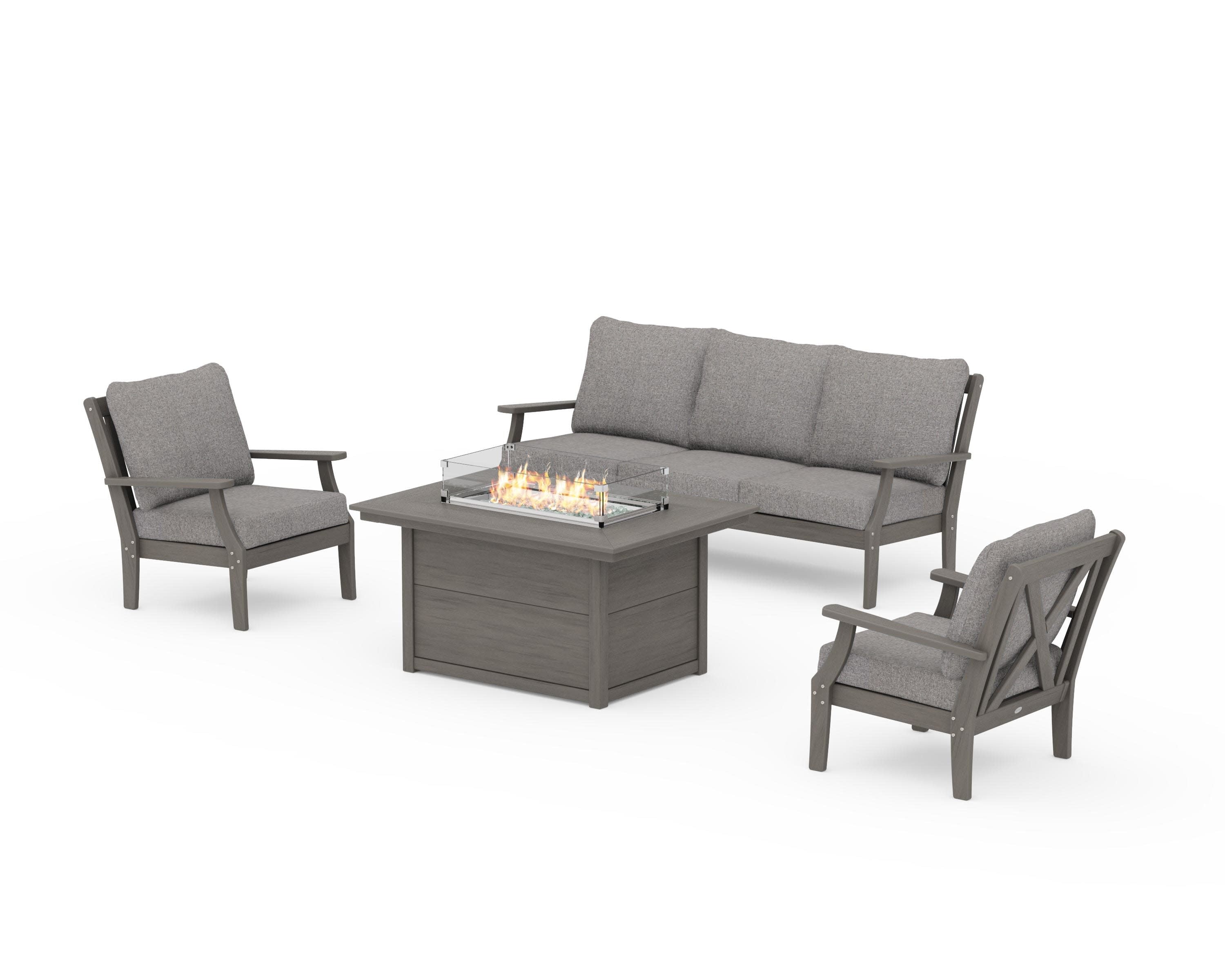 Braxton Deep Seating Fire Pit Table Set in Driftwood / Grey Mist