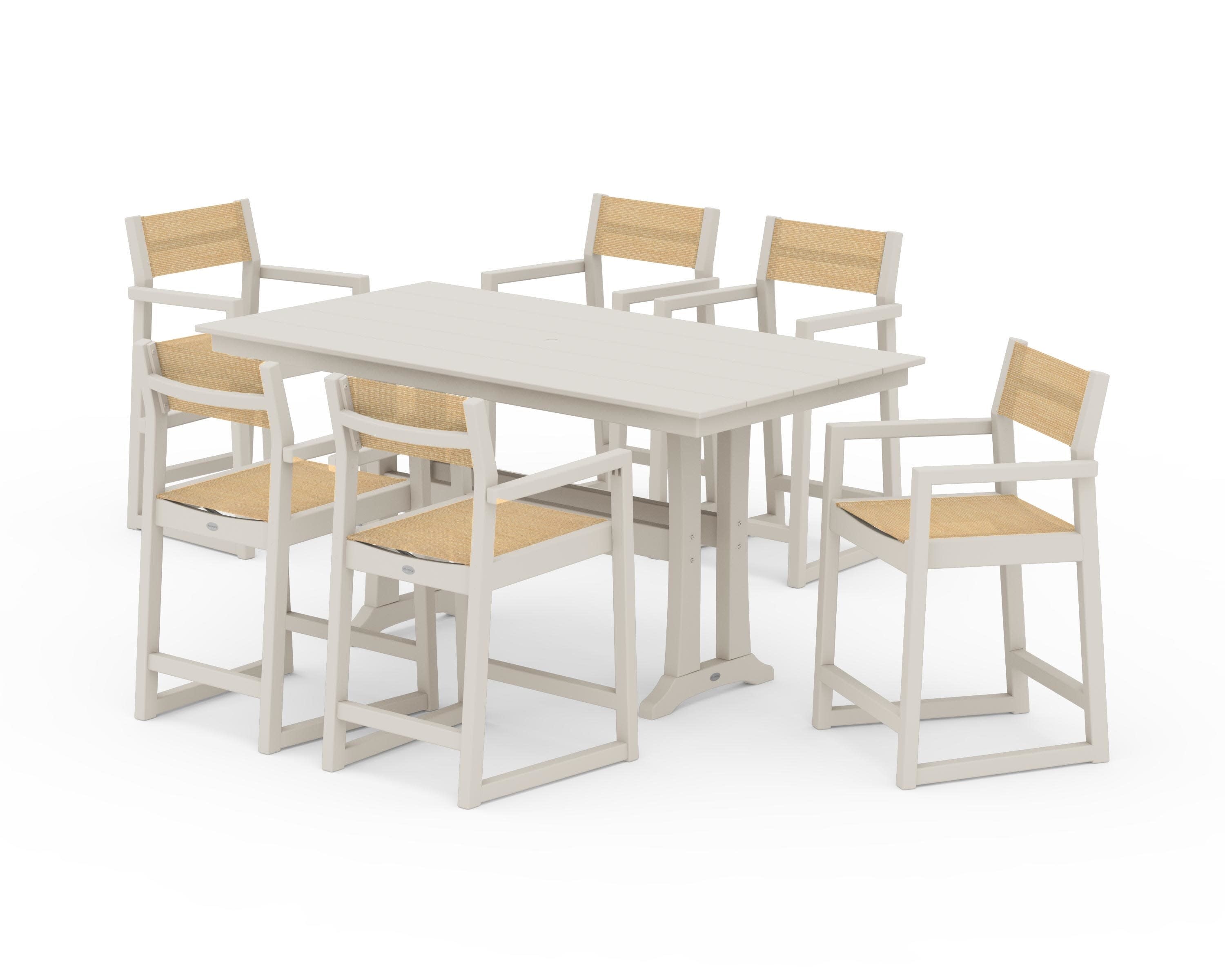 EDGE Sling Arm Chair 7-Piece Farmhouse Counter Set with Trestle Legs in Sand / Dupioni Apricot Sling