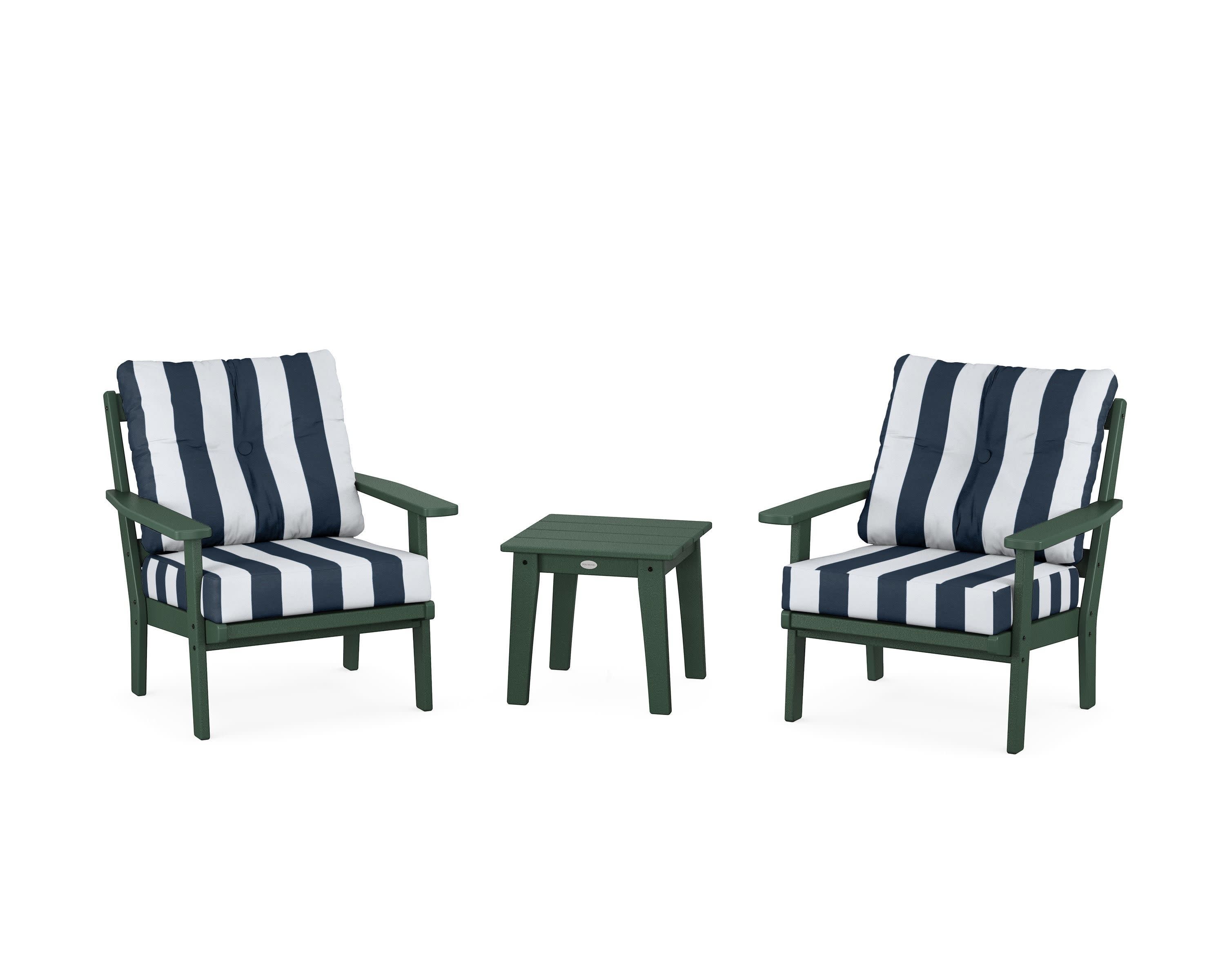 Oxford 3-Piece Deep Seating Set in Green / Cabana Stripe Marine Indigo