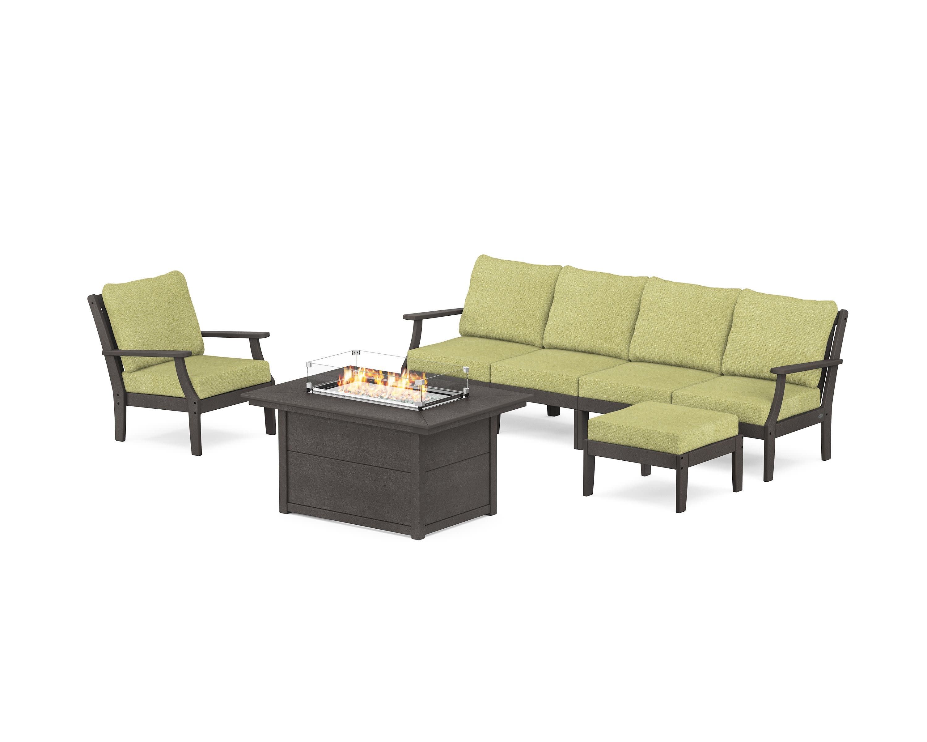 Braxton Sectional Lounge and Fire Pit Set in Vintage Coffee / Chartreuse Boucle