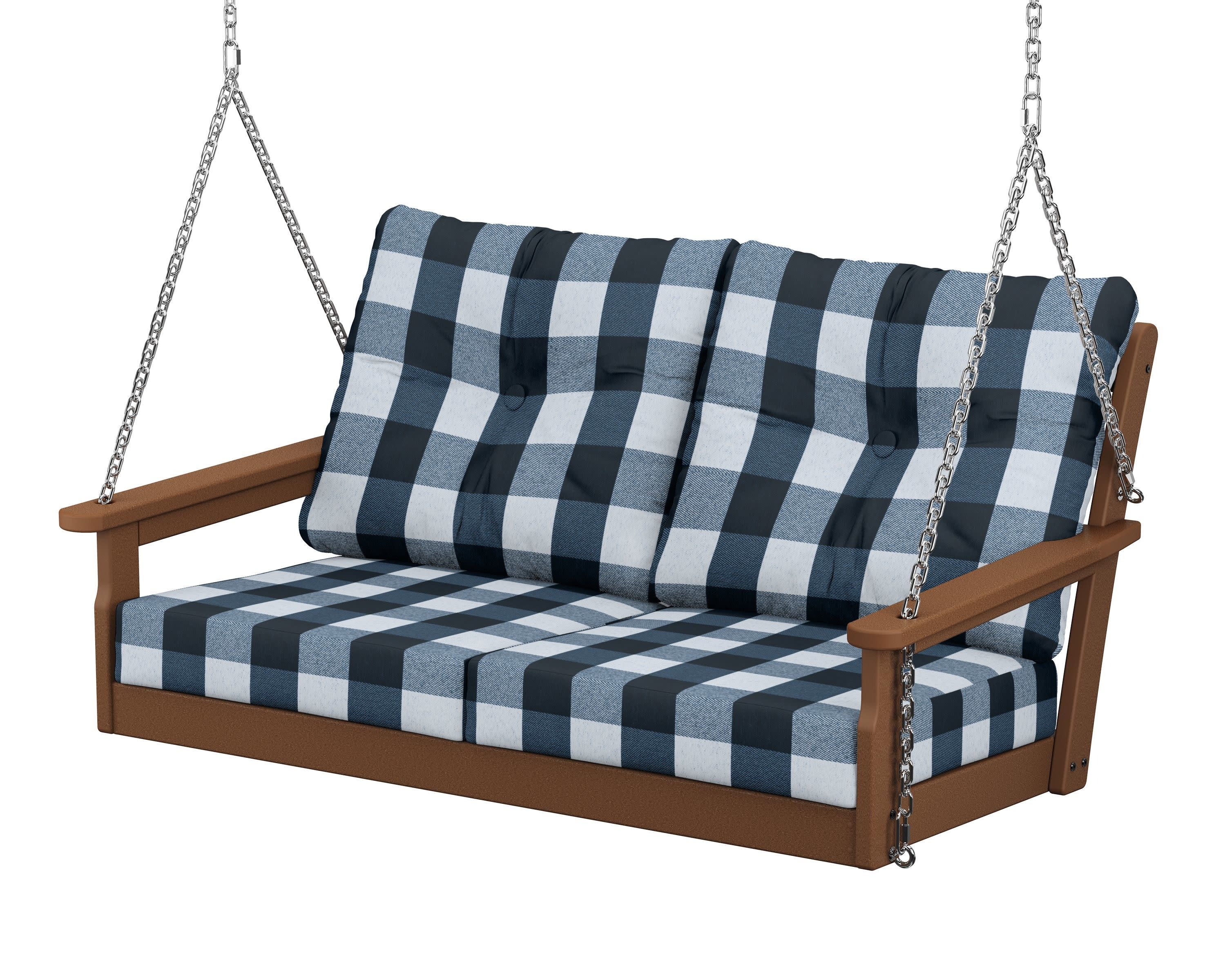 Vineyard Deep Seating Swing in Teak / Buffalo Plaid Marine Indigo
