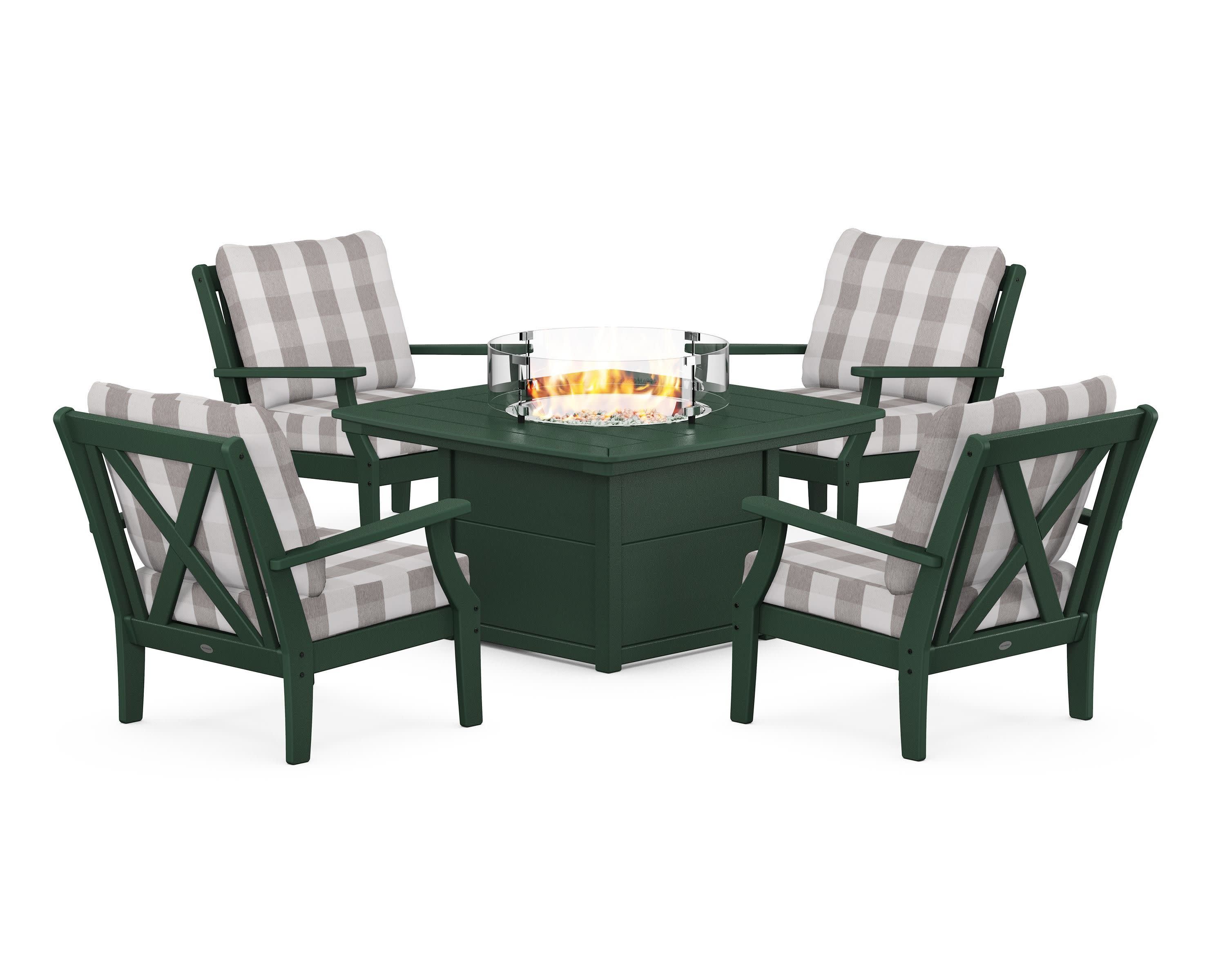 Braxton 5-Piece Deep Seating Conversation Set with Fire Pit Table in Green / Buffalo Plaid Grey Mist