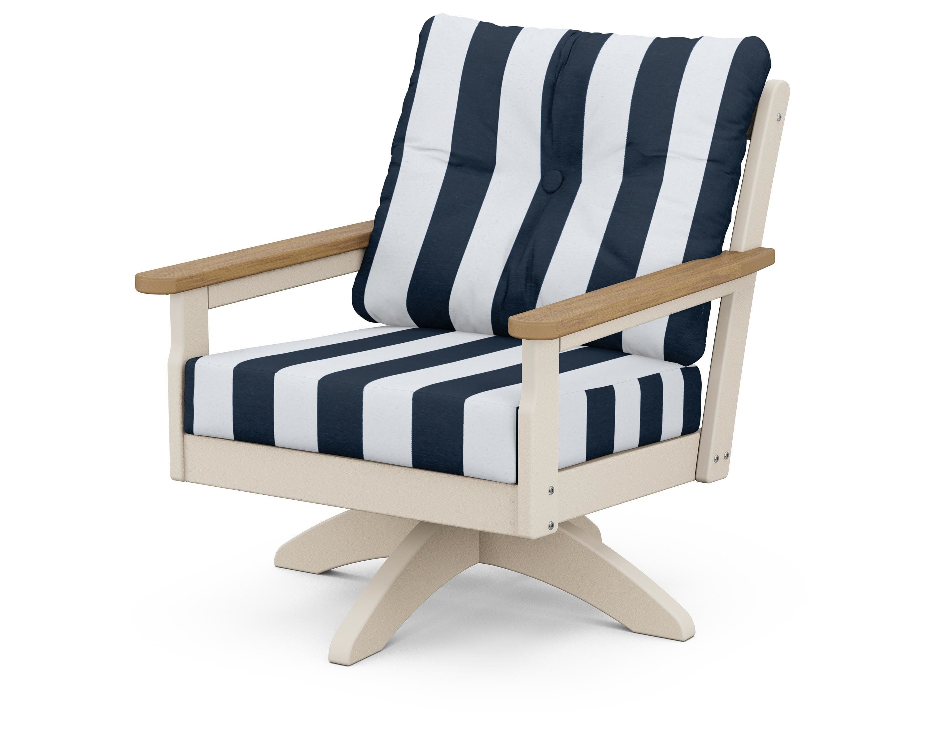 Vineyard Deep Seating Swivel Chair in Sand / Natural / Cabana Stripe Marine Indigo
