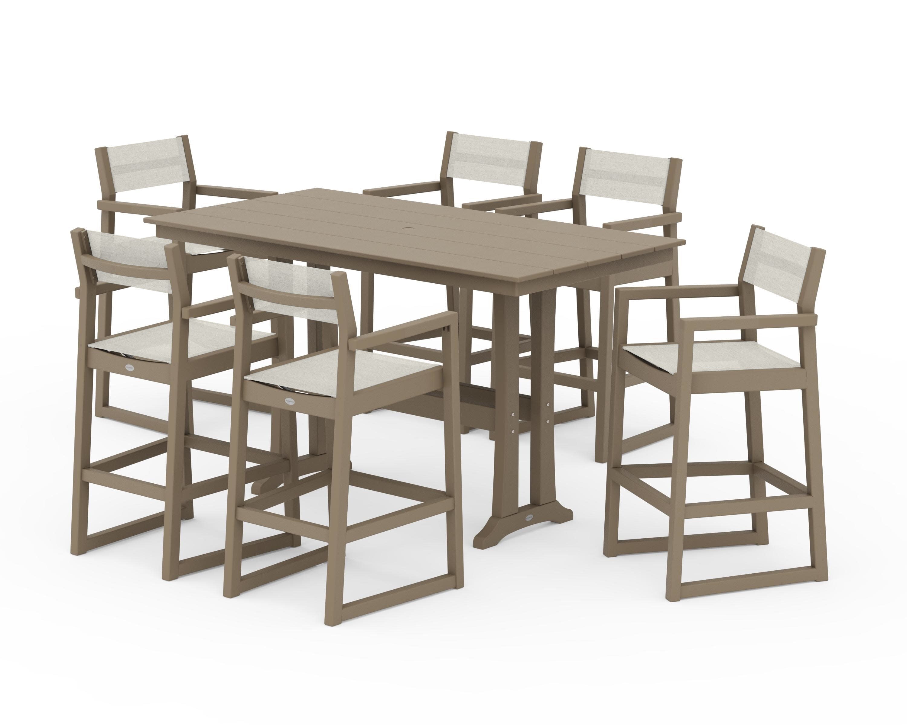 EDGE Sling Arm Chair 7-Piece Farmhouse Bar Set with Trestle Legs in Vintage Sahara / Parchment Sling
