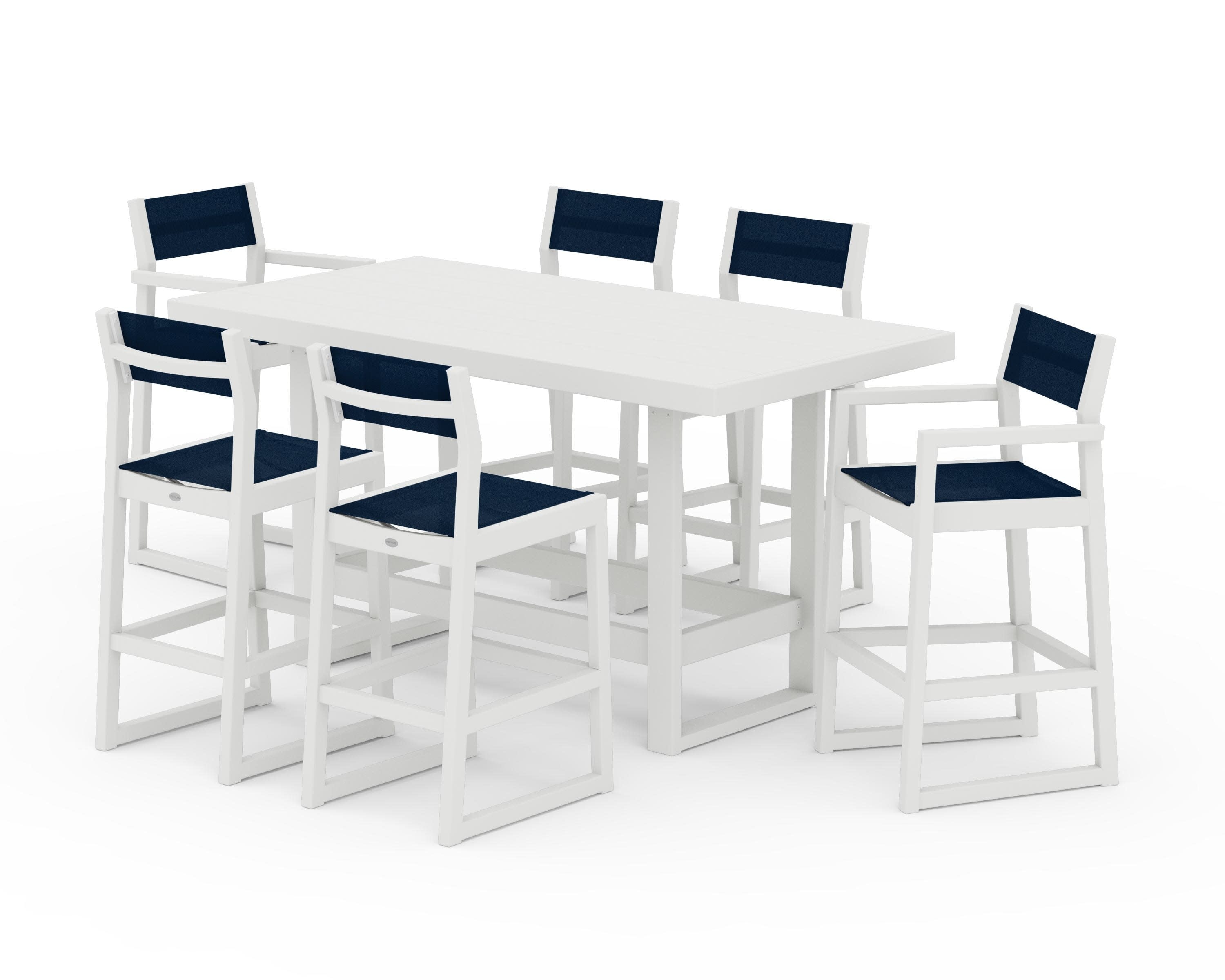 EDGE Sling 7-Piece Bar Table Set in Vintage White / Navy Blue Sling