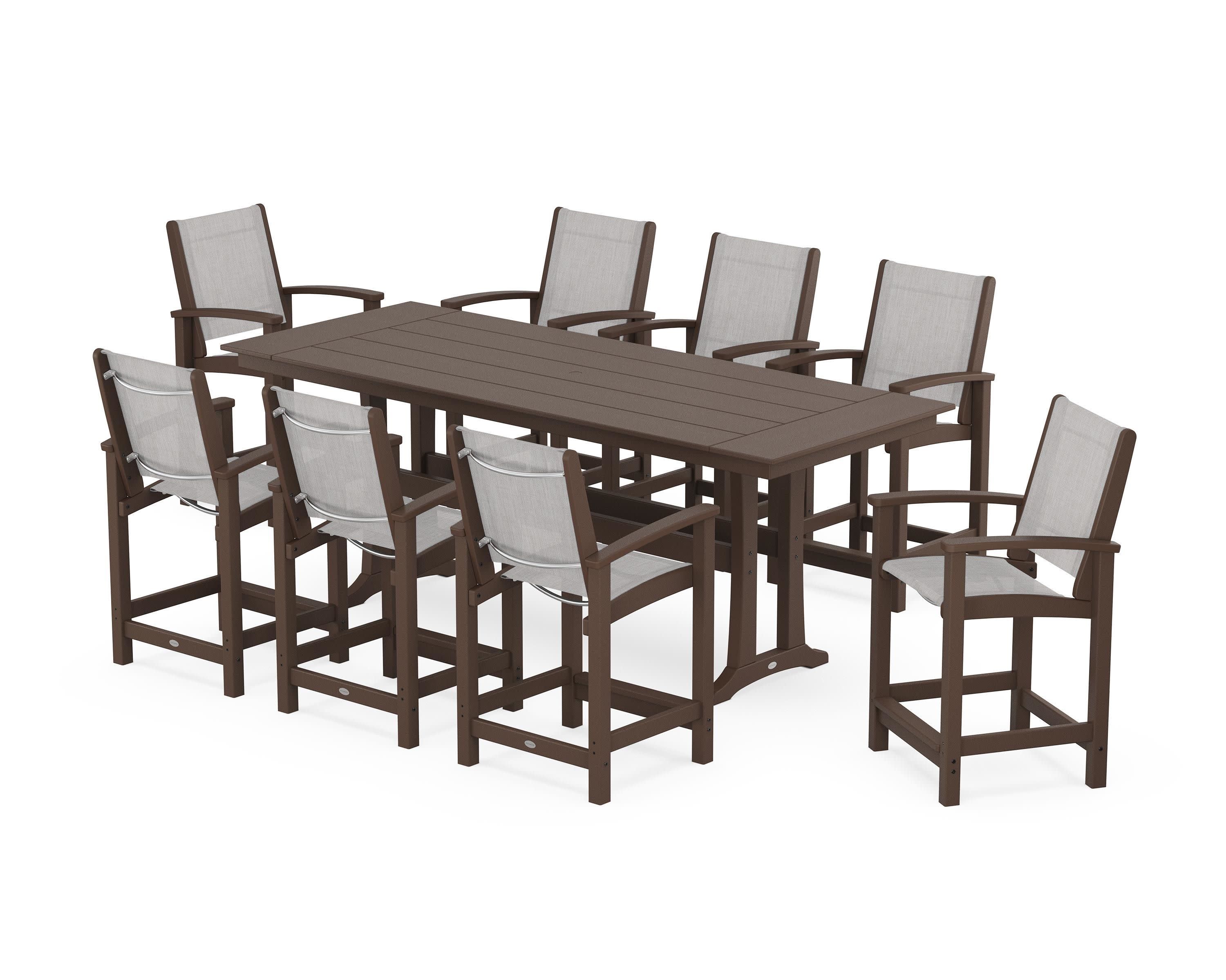 Coastal 9-Piece Farmhouse Counter Set with Trestle Legs in Mahogany / Parchment Sling