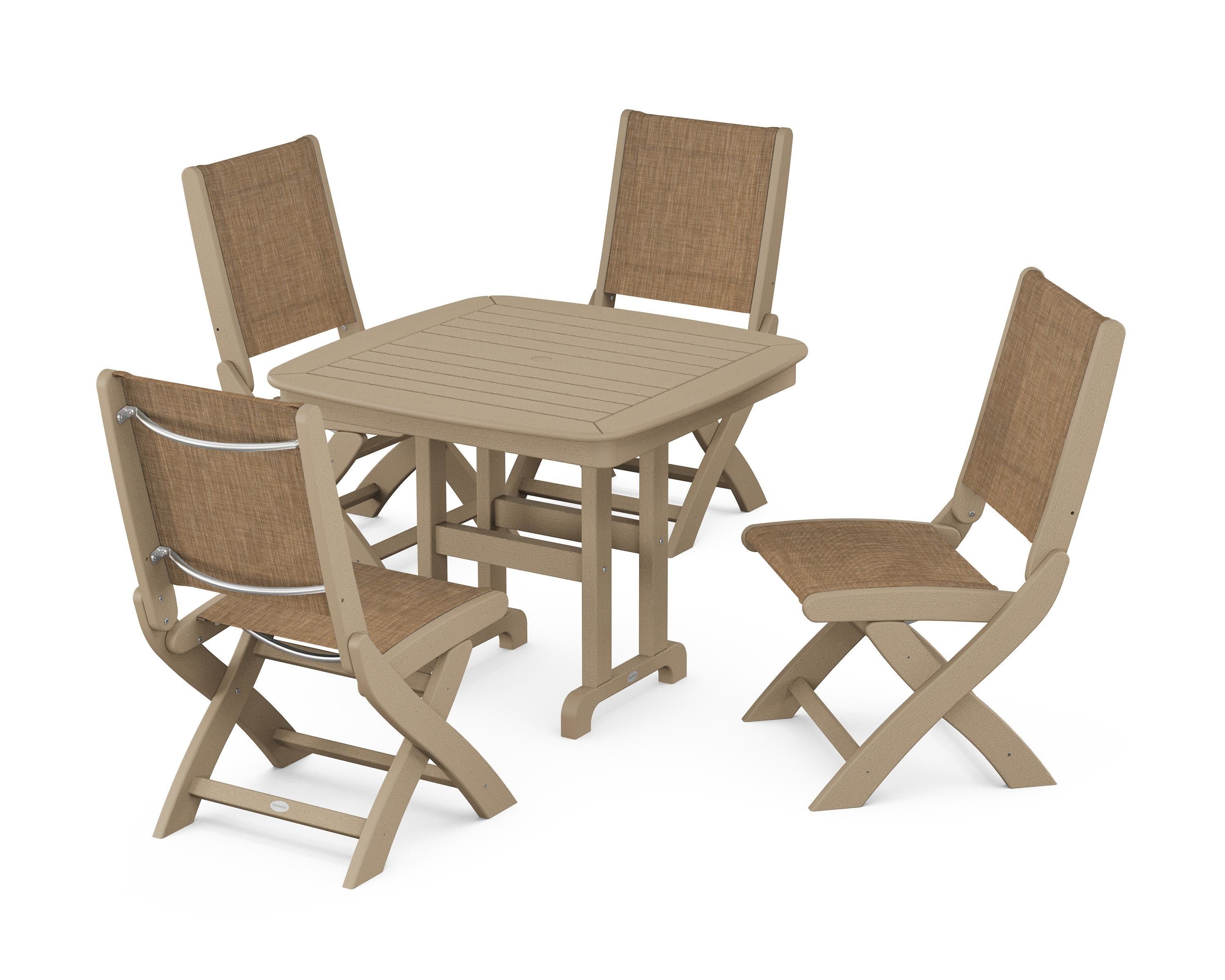 Coastal Folding Side Chair 5-Piece Dining Set in Vintage Sahara / Burlap Sling