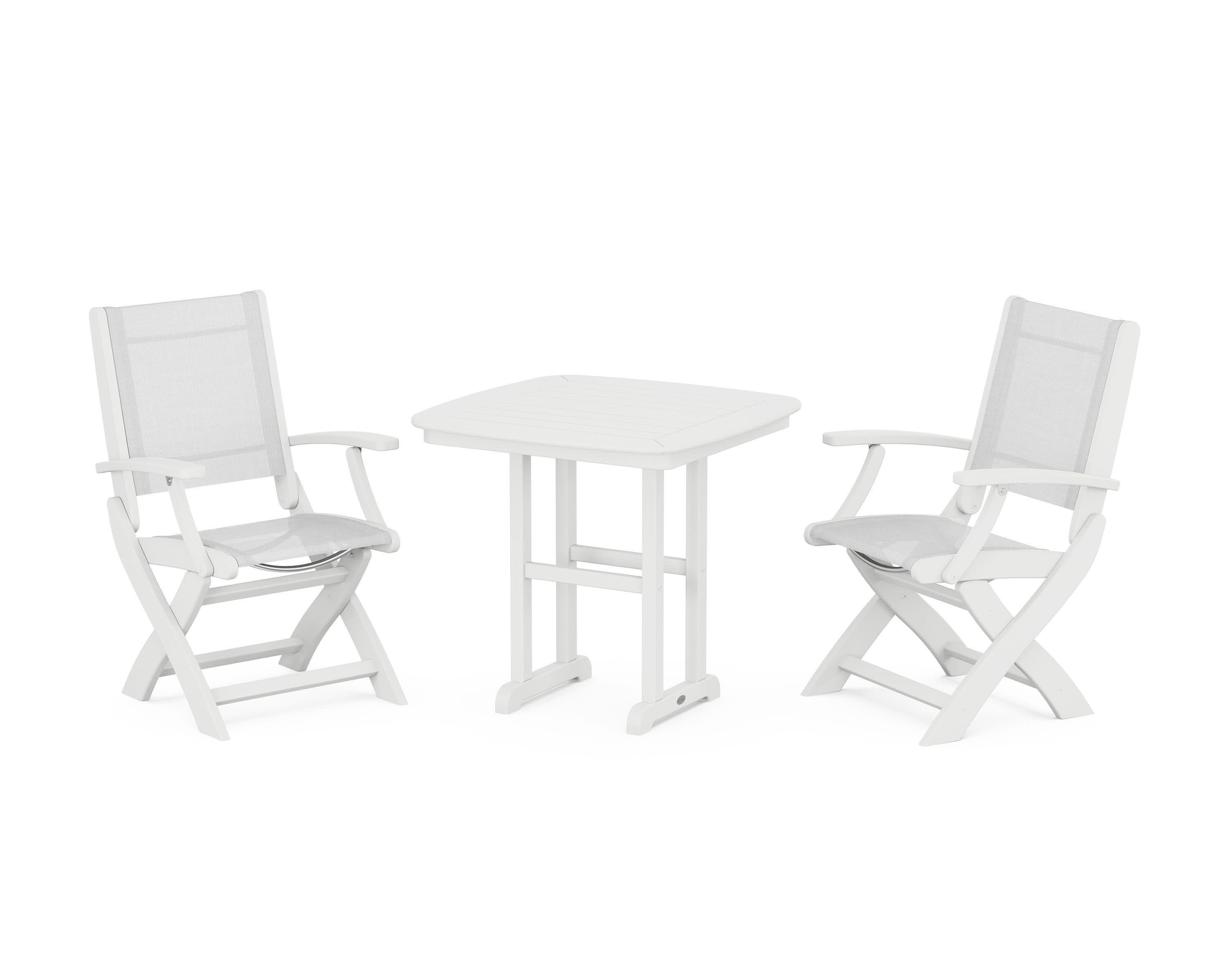 Coastal Folding Chair 3-Piece Dining Set in White / White Sling