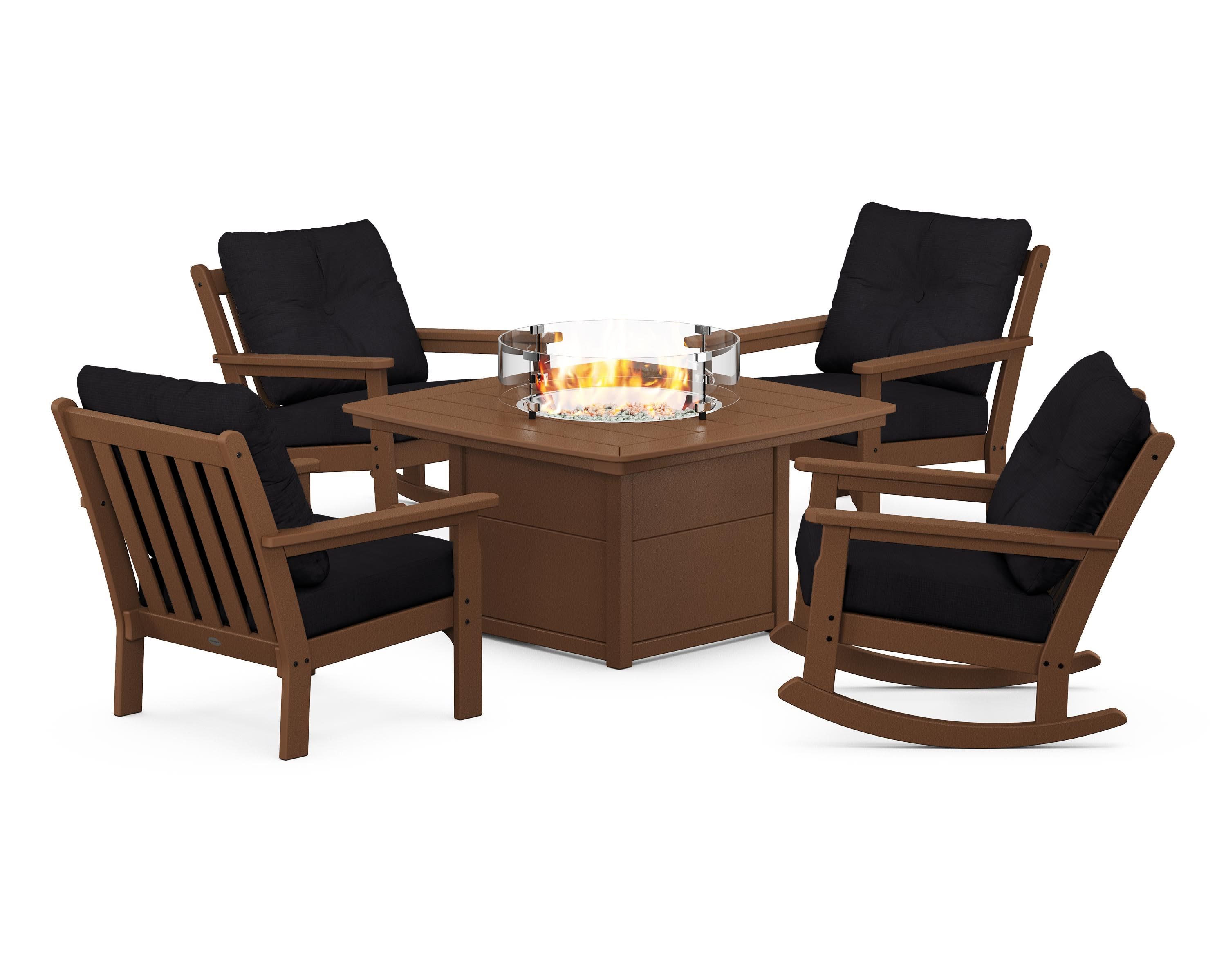 Vineyard 5-Piece Deep Seating Rocking Chair Conversation Set with Fire Pit Table in Teak / Midnight Linen