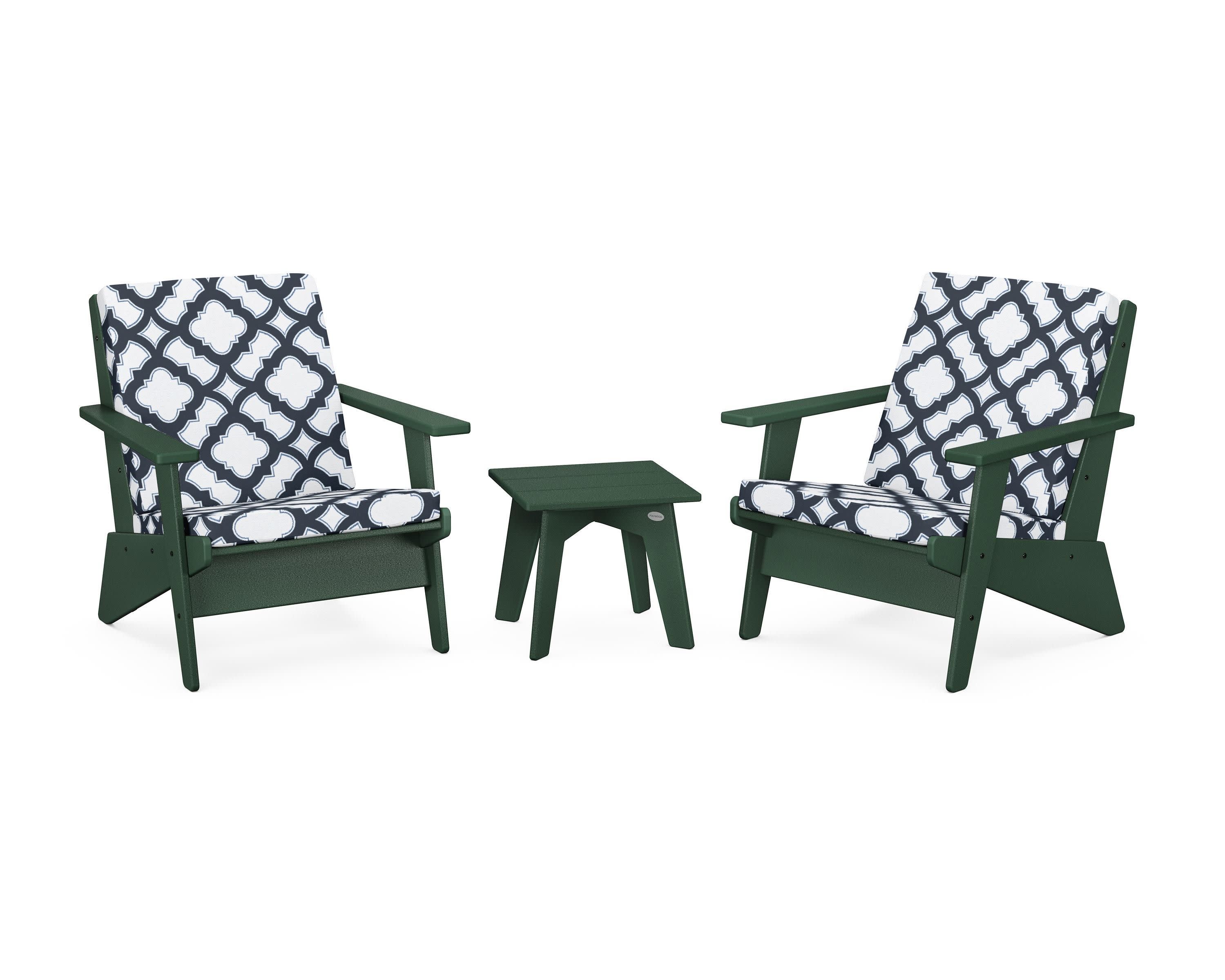 Riviera Modern Lounge 3-Piece Set in Green / Trellis Marine Indigo